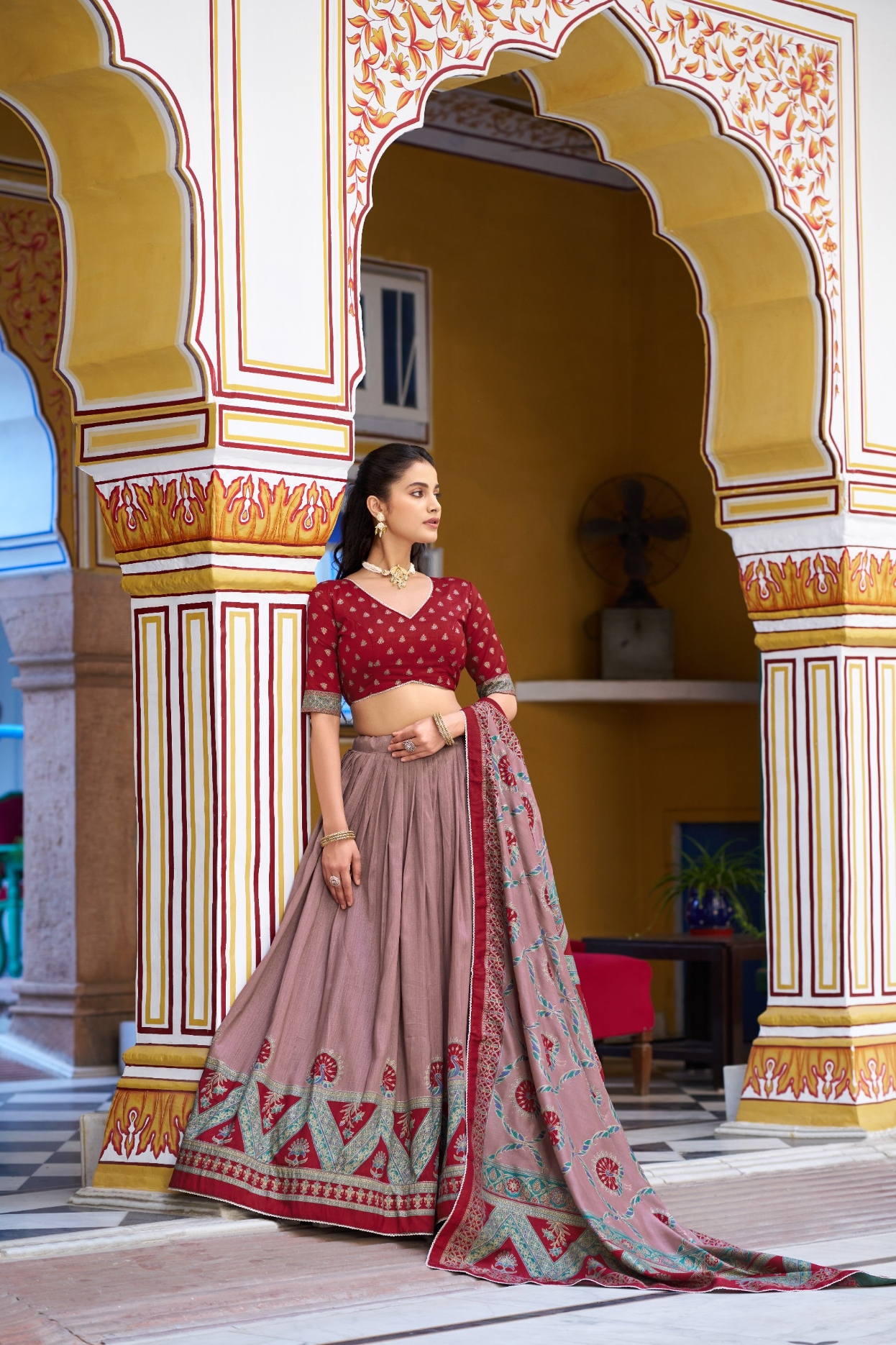 Maroon Mughal Zari Tussar Silk Lehenga Choli
