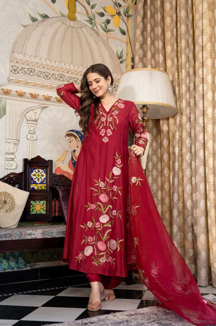Maroon Muslin Designer Embroidered Readymade Suit Set