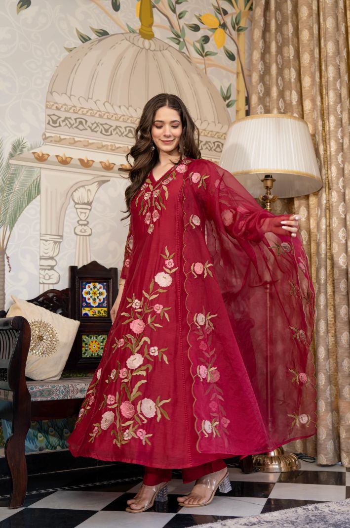 Maroon Muslin Designer Embroidered Readymade Suit Set — alternate view
