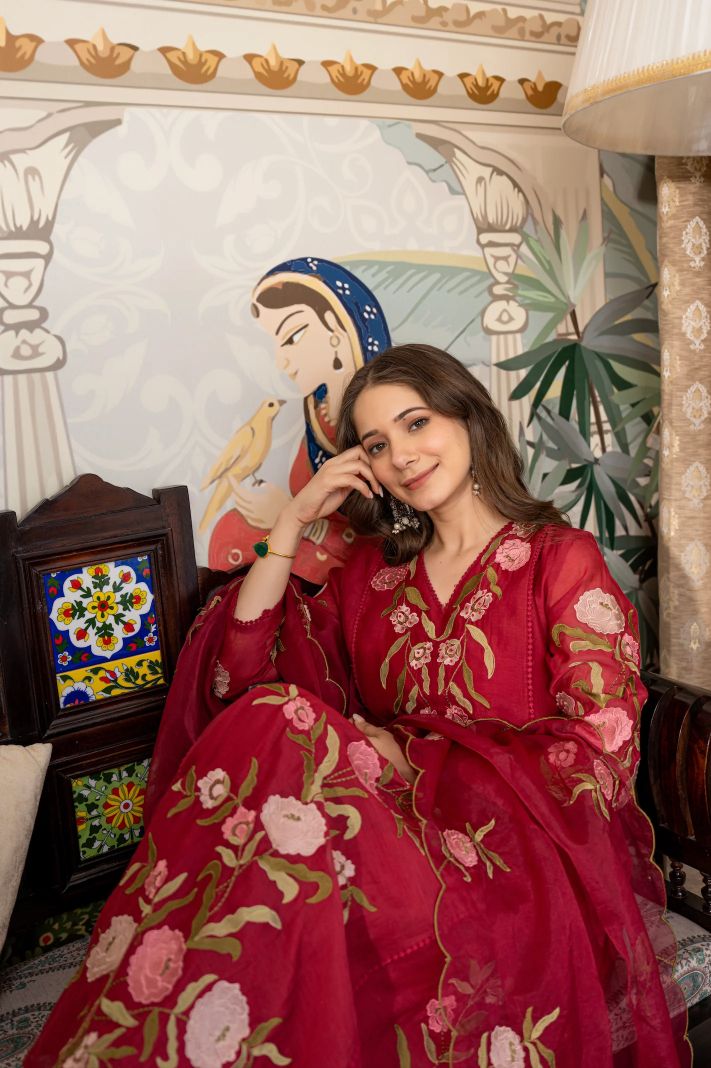 Maroon Muslin Designer Embroidered Readymade Suit Set