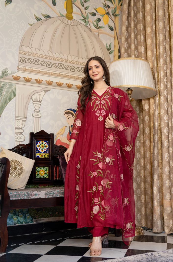 Maroon Muslin Designer Embroidered Readymade Suit Set