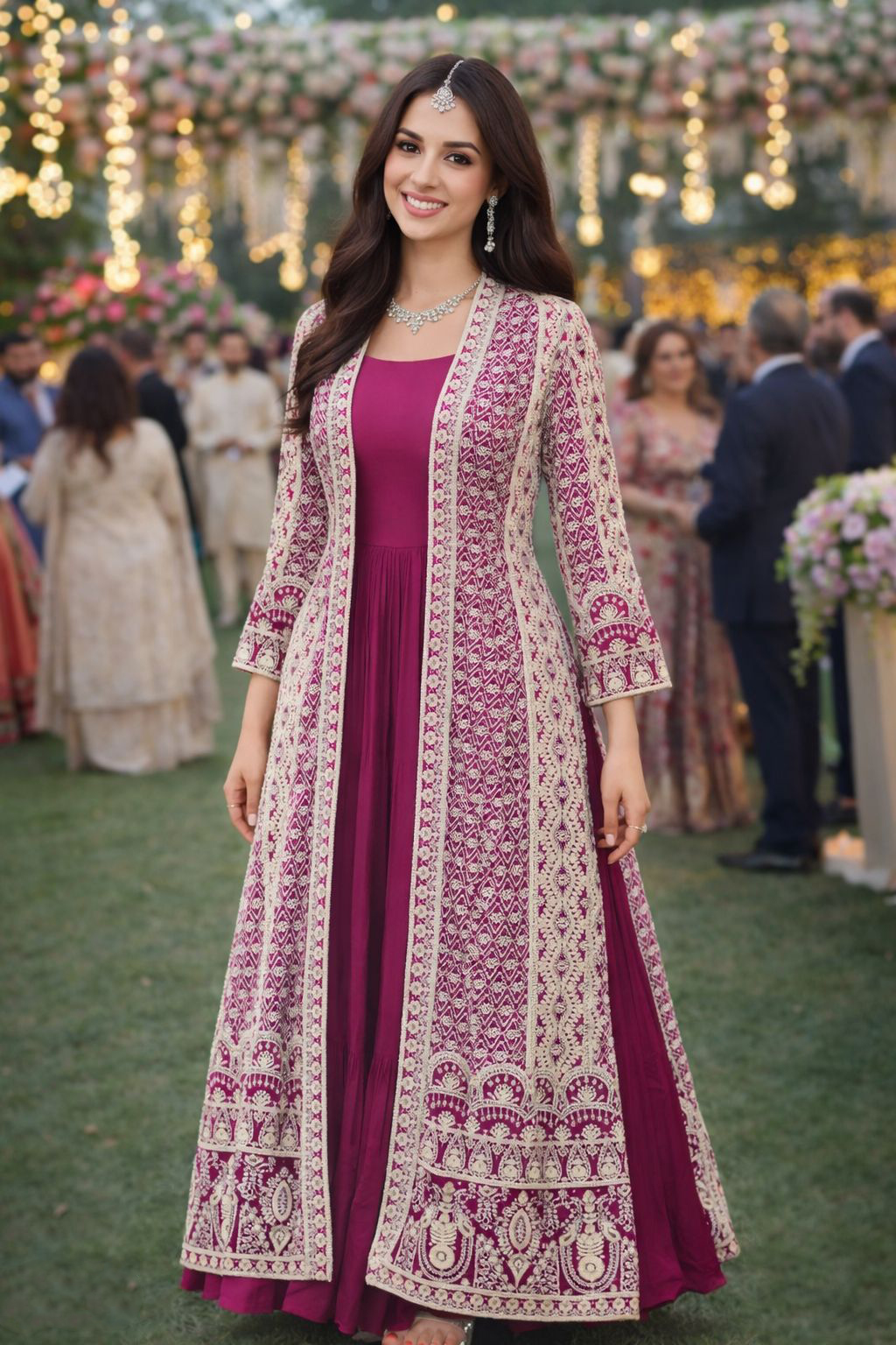 Maroon N Off-White Chinon Embroidered Gown