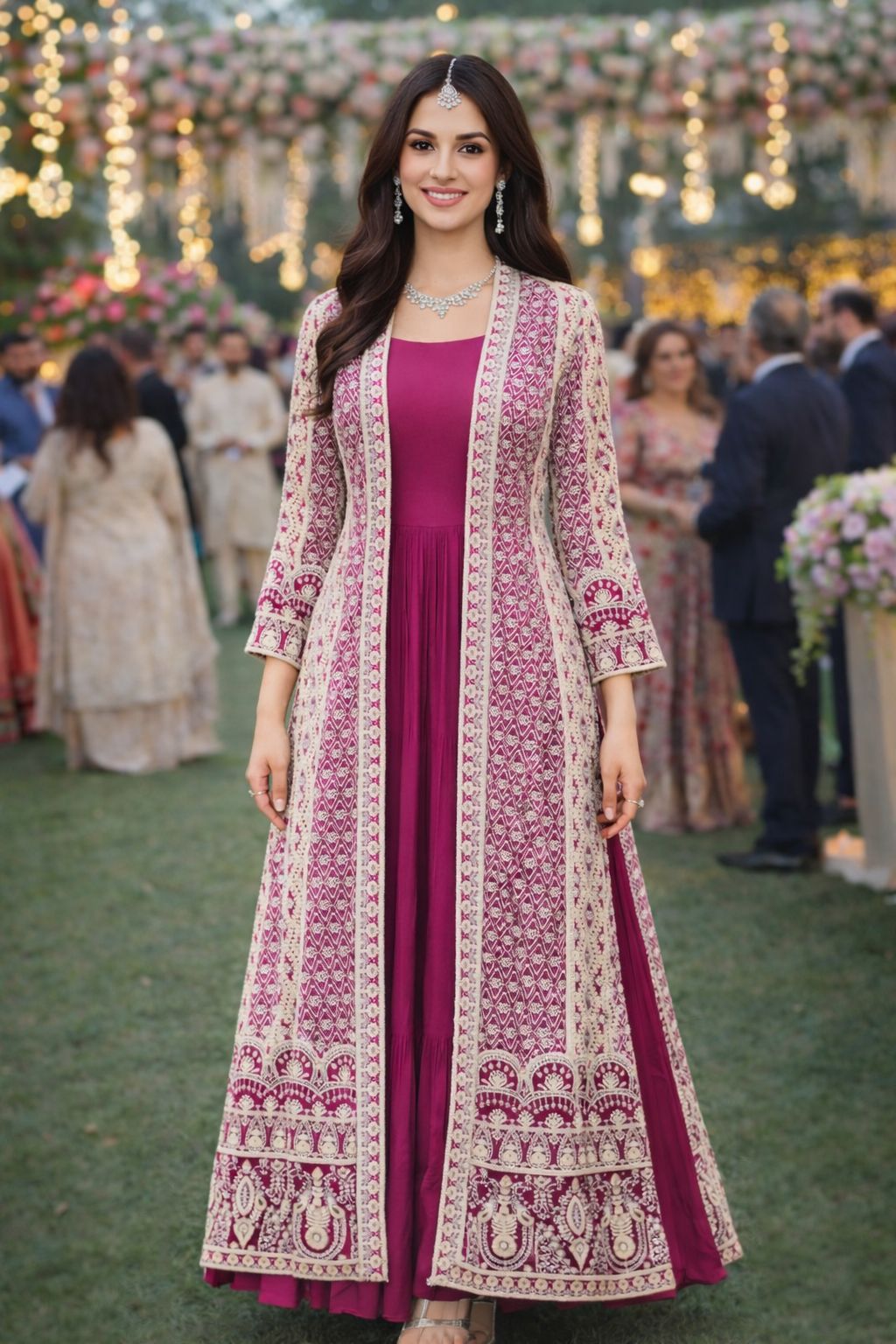 Maroon N Off-White Chinon Embroidered Gown