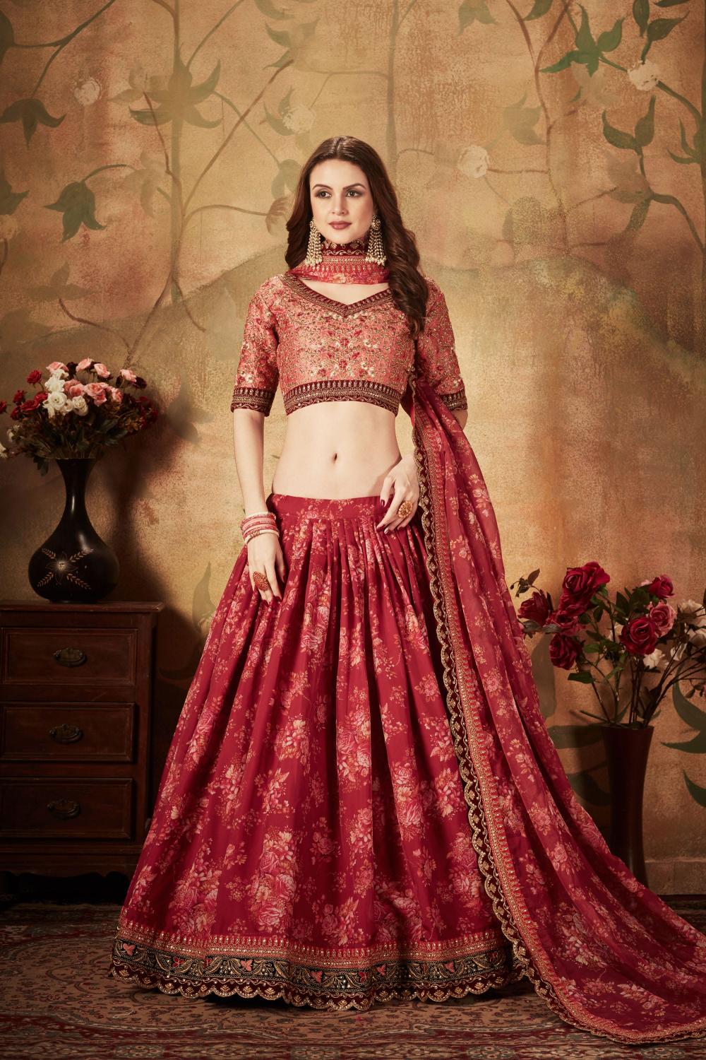 Maroon N Peach Organza Lehenga Choli