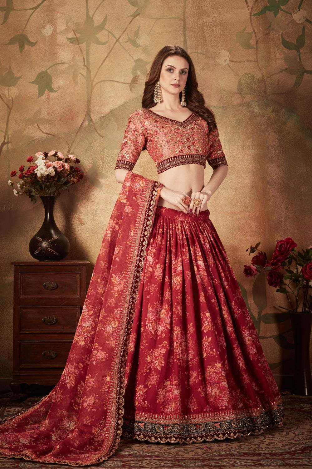Maroon N Peach Organza Lehenga Choli