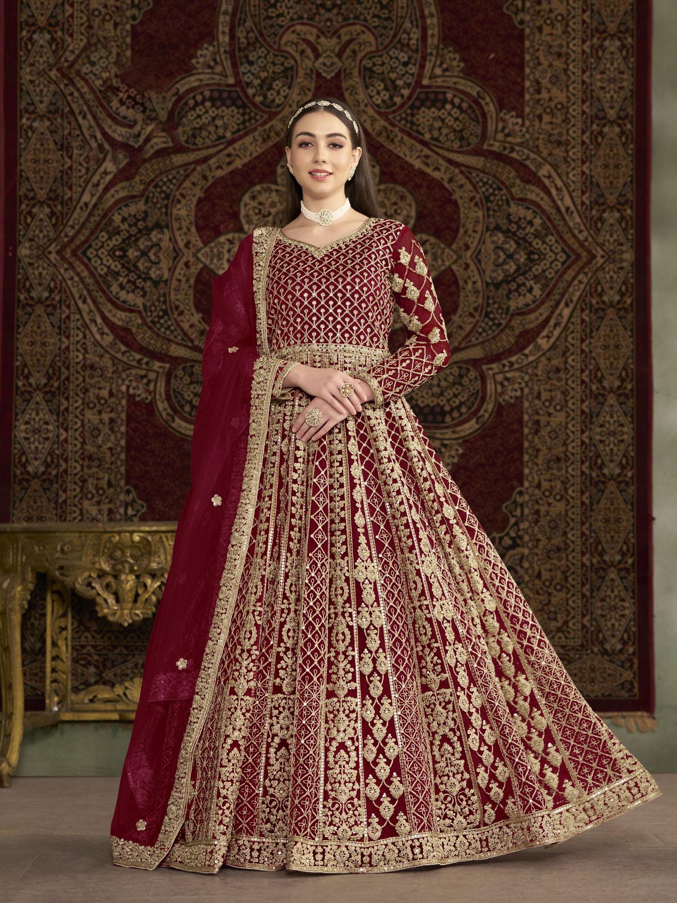 Maroon Net Embroidery Gown
