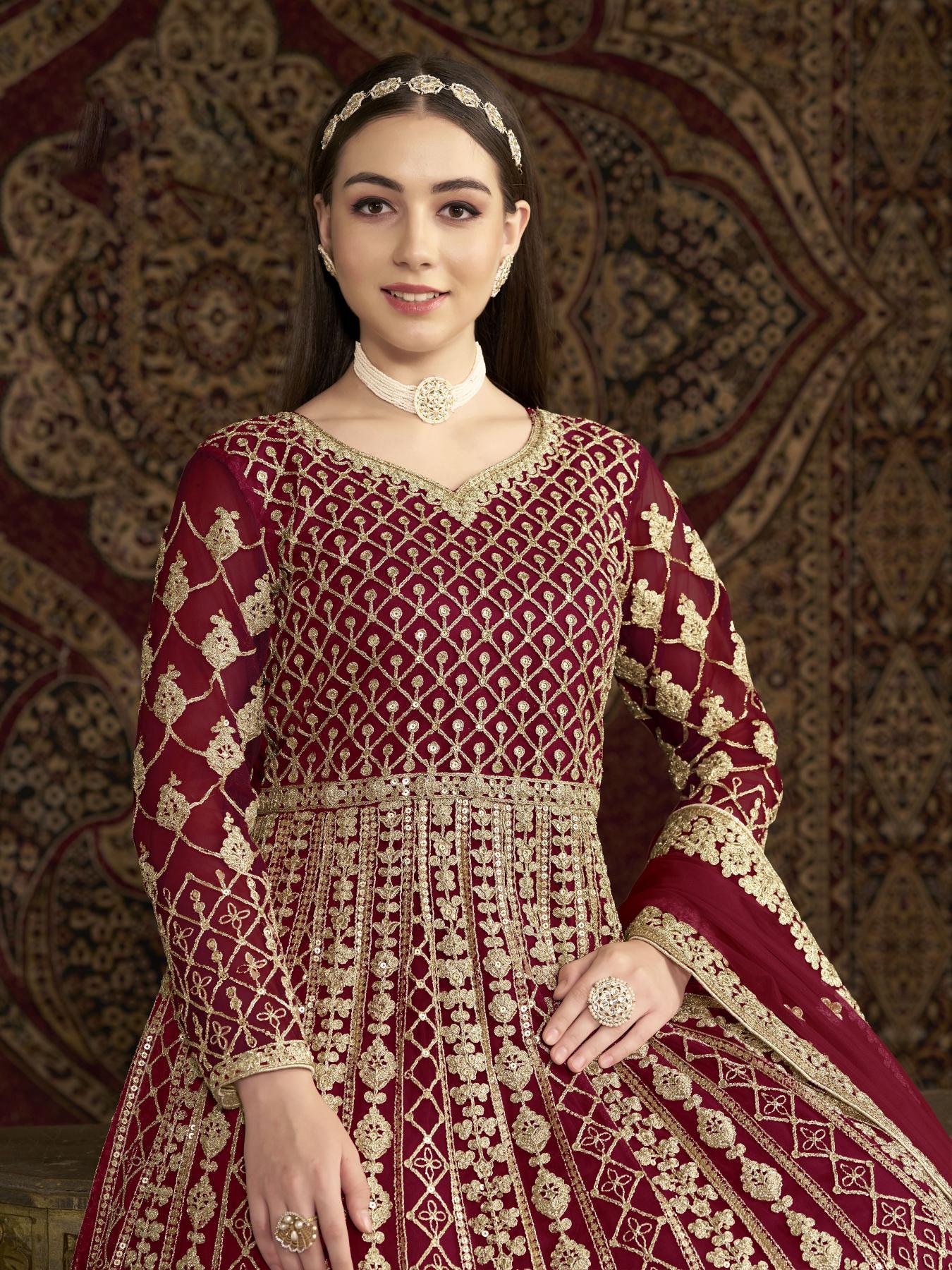Maroon Net Embroidery Gown