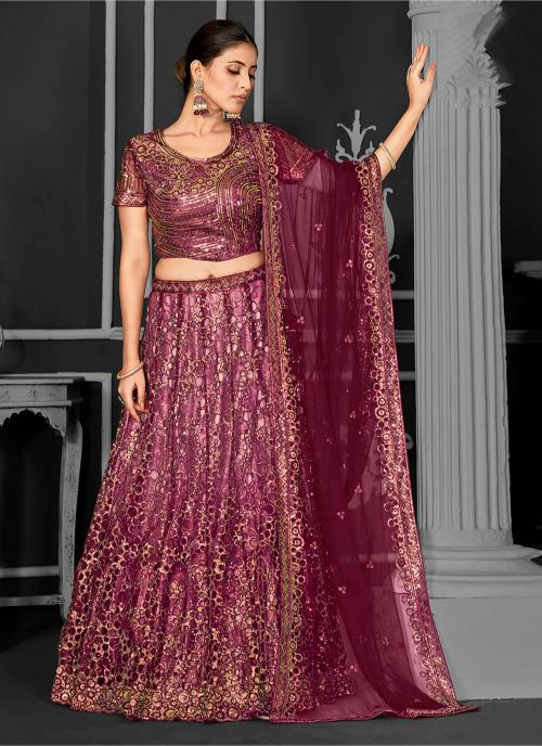 Maroon Net Party Wear Lehenga
