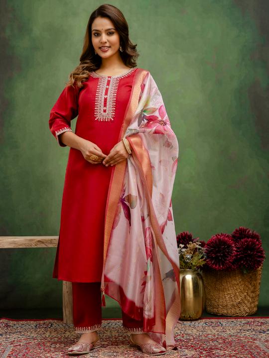 Maroon Off White Cotton Readymade Suit