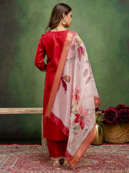 Maroon Off White Cotton Readymade Suit — alternate view