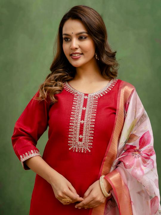 Maroon Off White Cotton Readymade Suit
