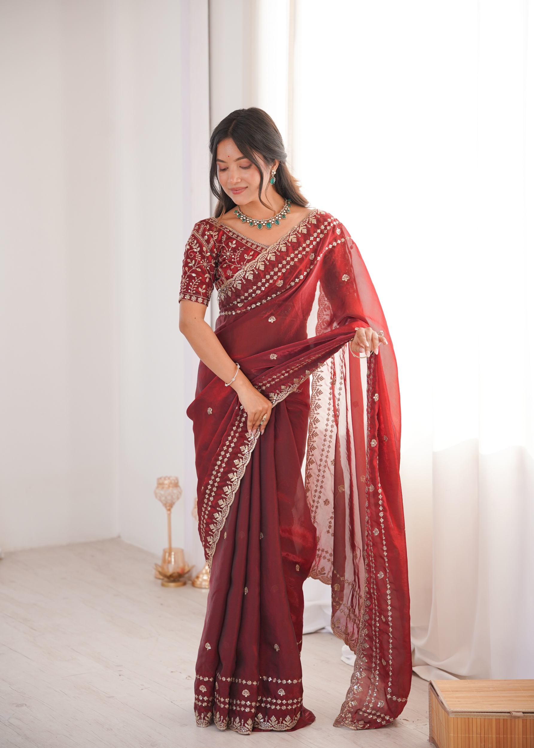 Maroon Ornamental Sequin Fendy Satin Saree