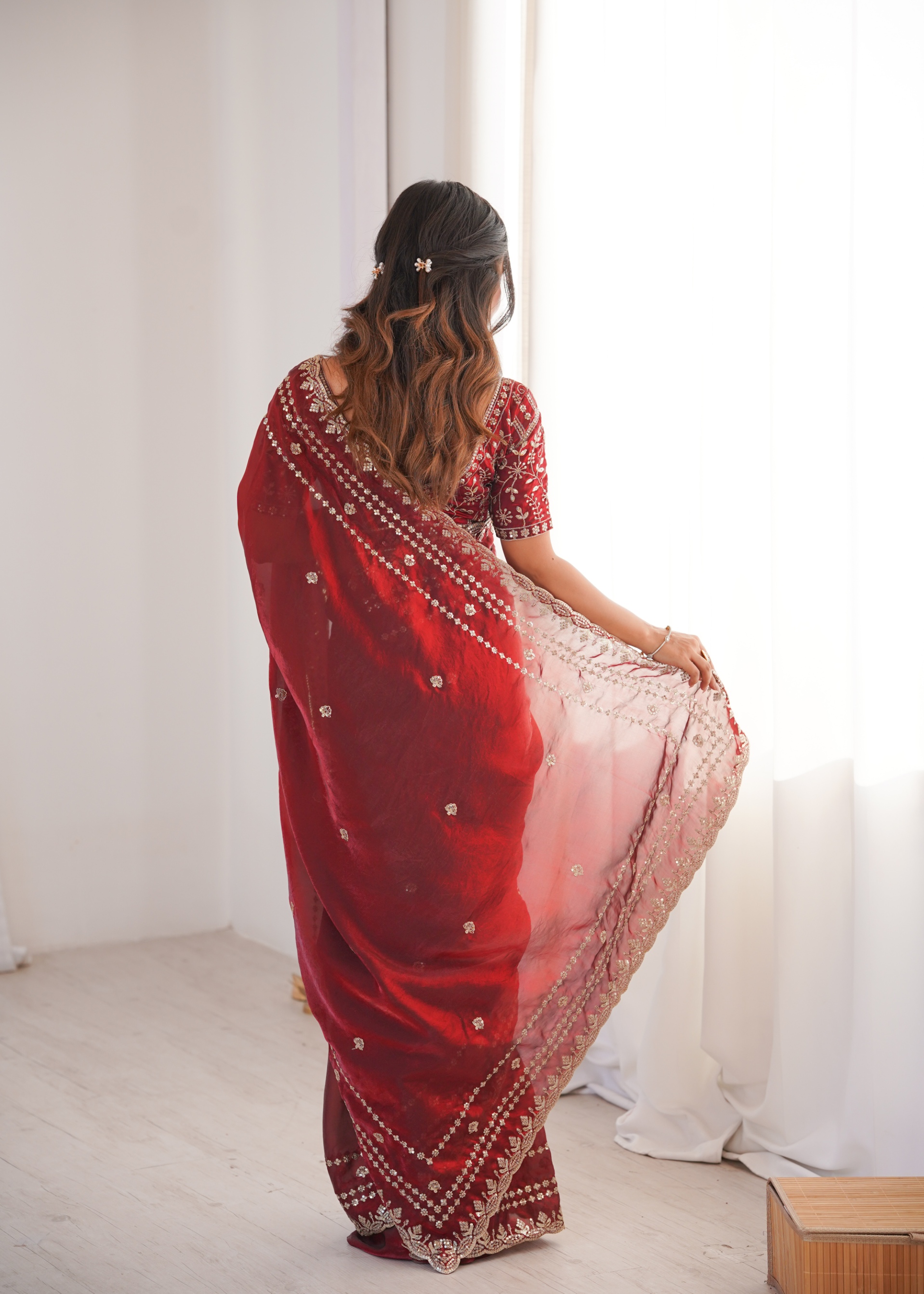 Maroon Ornamental Sequin Fendy Satin Saree — alternate view