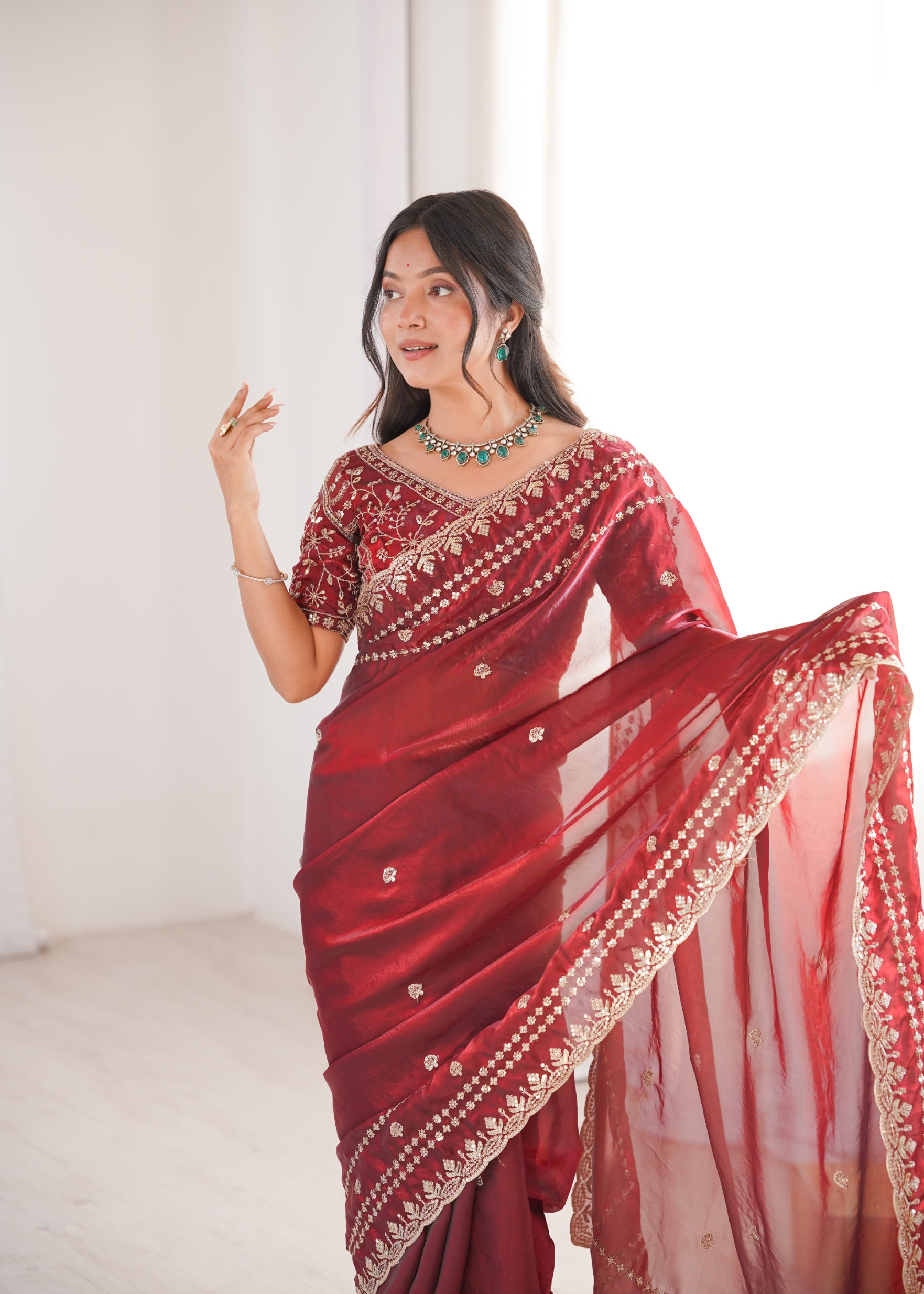 Maroon Ornamental Sequin Fendy Satin Saree