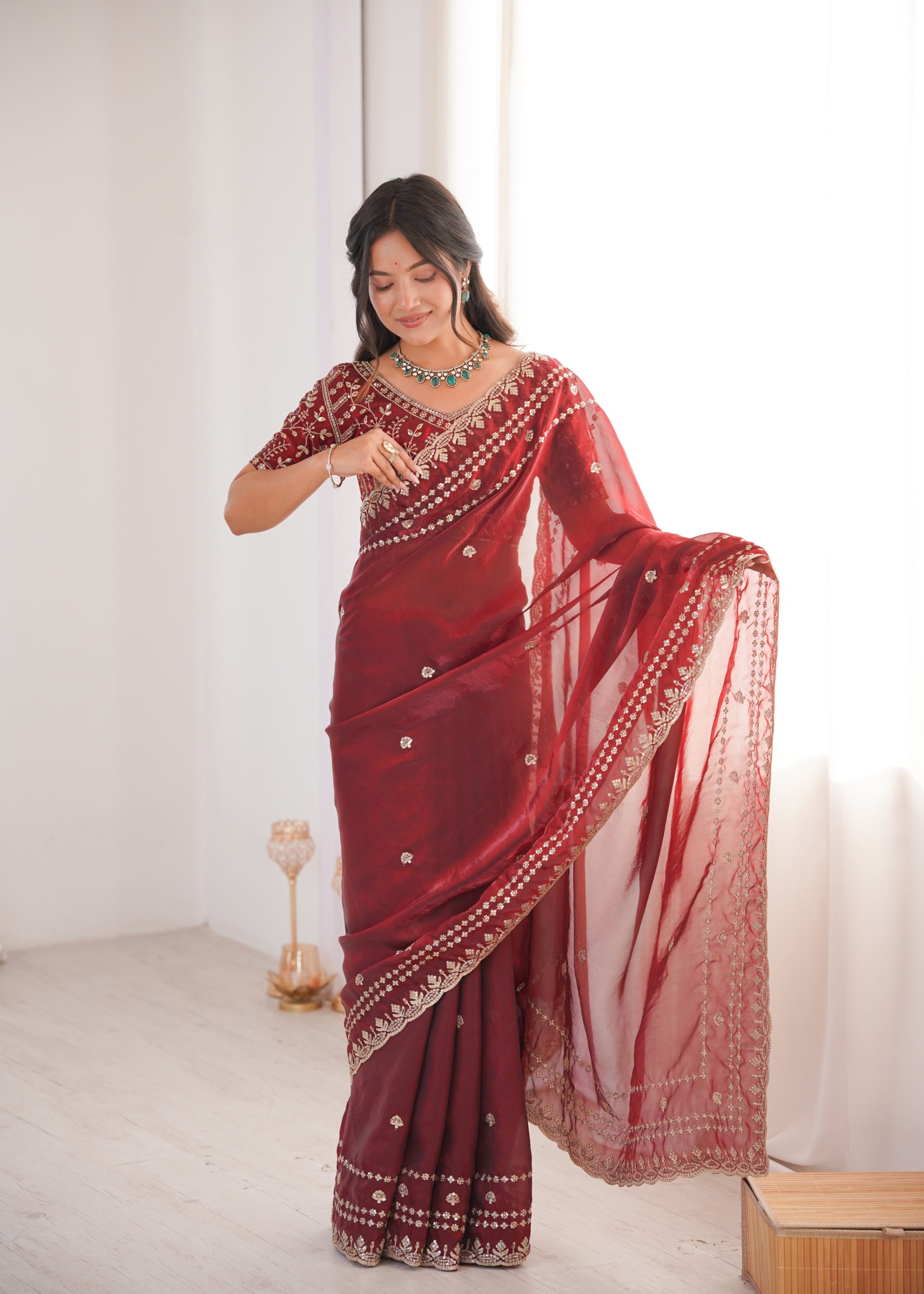 Maroon Ornamental Sequin Fendy Satin Saree