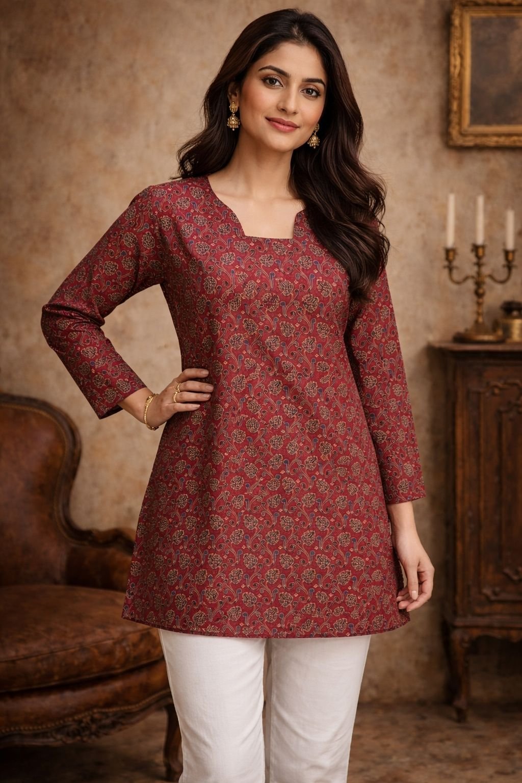 Maroon Paisley Digital Printed Maslin Kurti