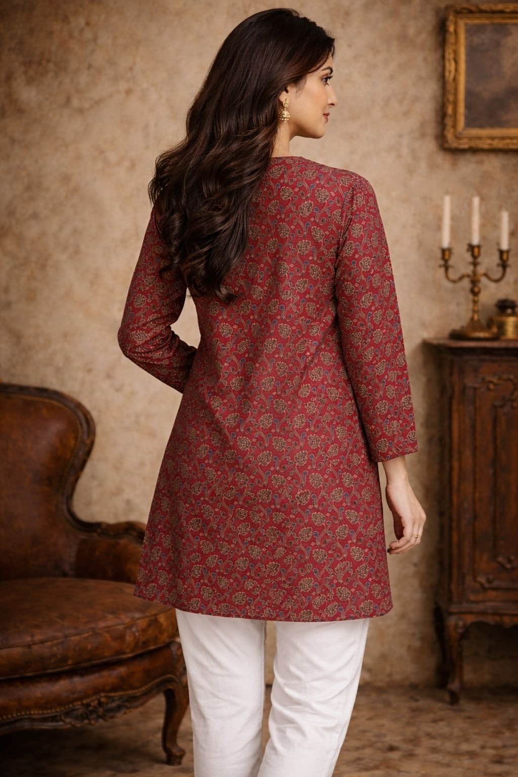 Maroon Paisley Digital Printed Maslin Kurti — alternate view