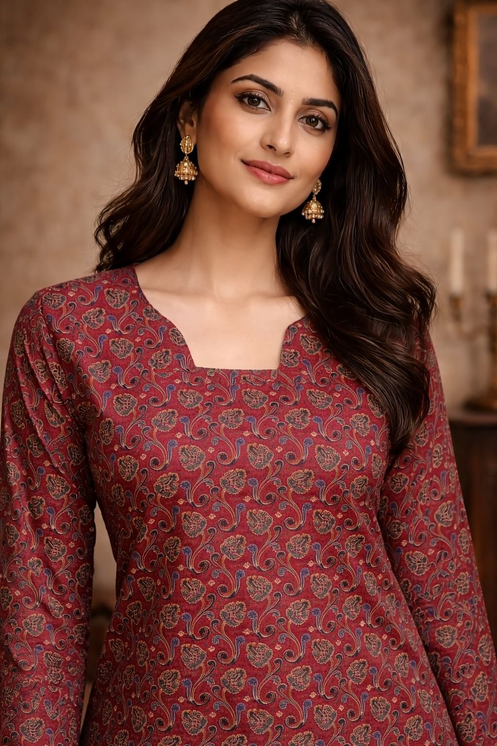 Maroon Paisley Digital Printed Maslin Kurti