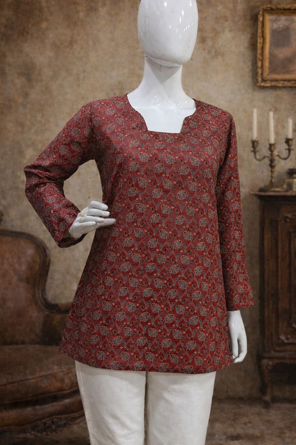 Maroon Paisley Digital Printed Maslin Kurti
