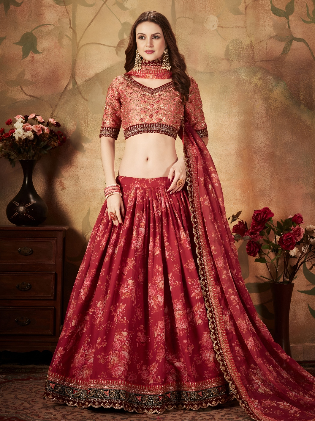 Maroon Peach Floral Organza Lehenga Choli