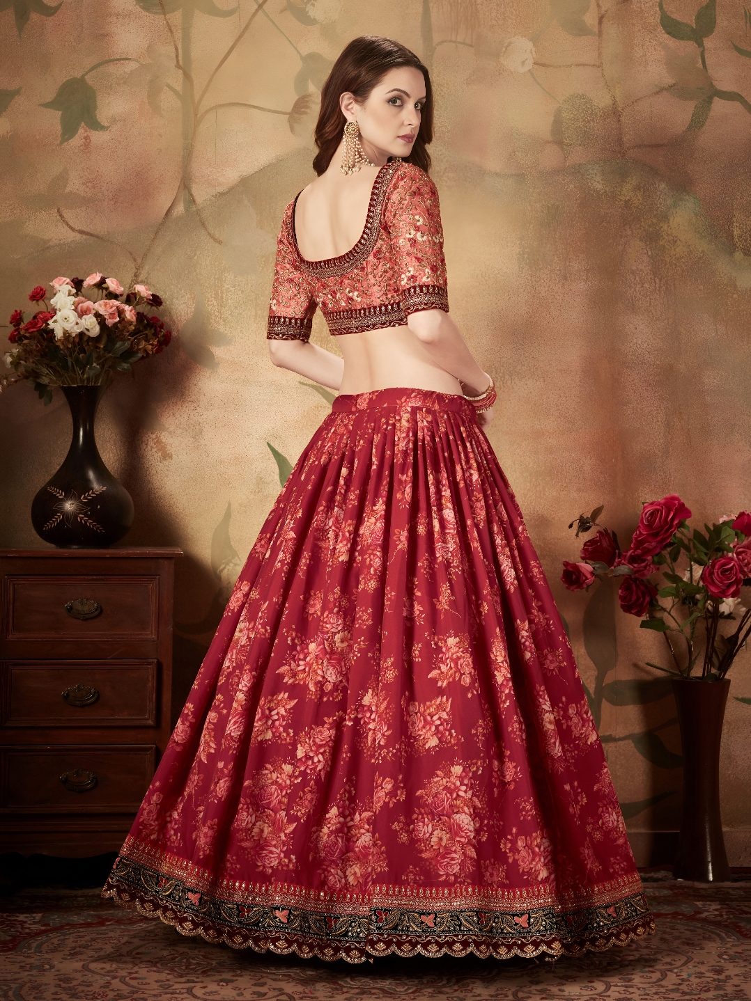 Maroon Peach Floral Organza Lehenga Choli — alternate view