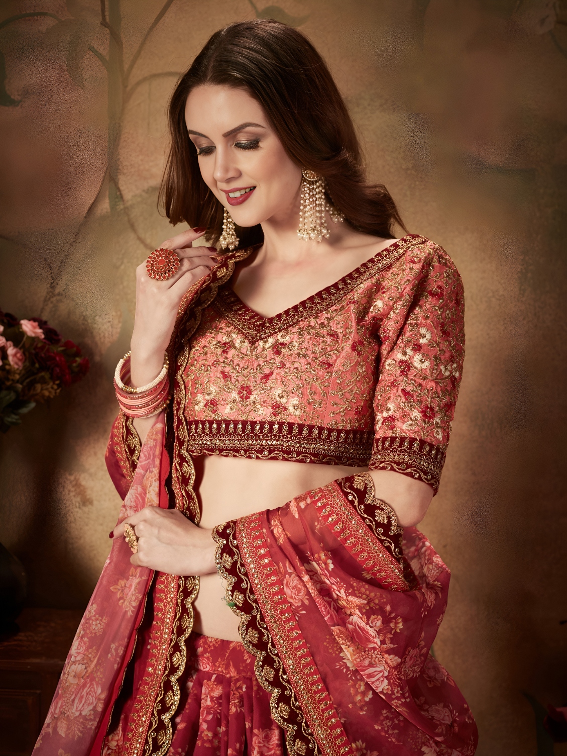 Maroon Peach Floral Organza Lehenga Choli