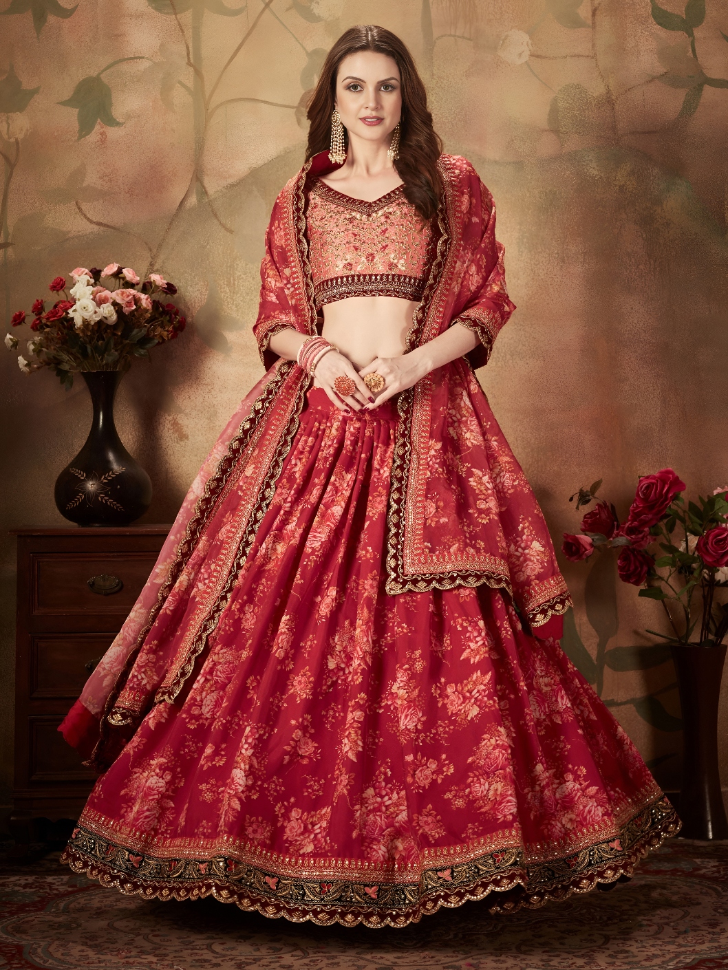 Maroon Peach Floral Organza Lehenga Choli