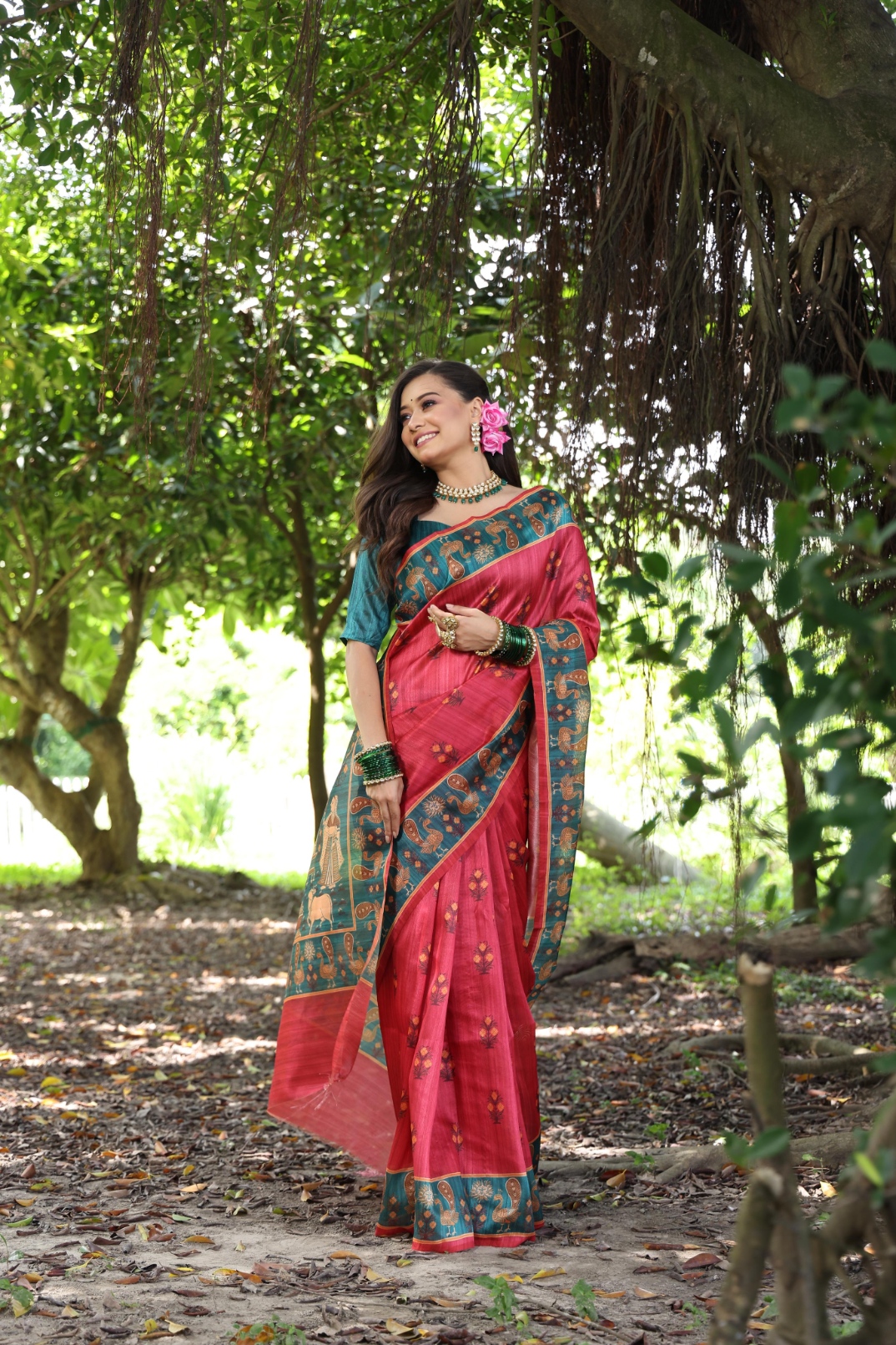 Maroon Peacock Printed Tussar Silk Saree