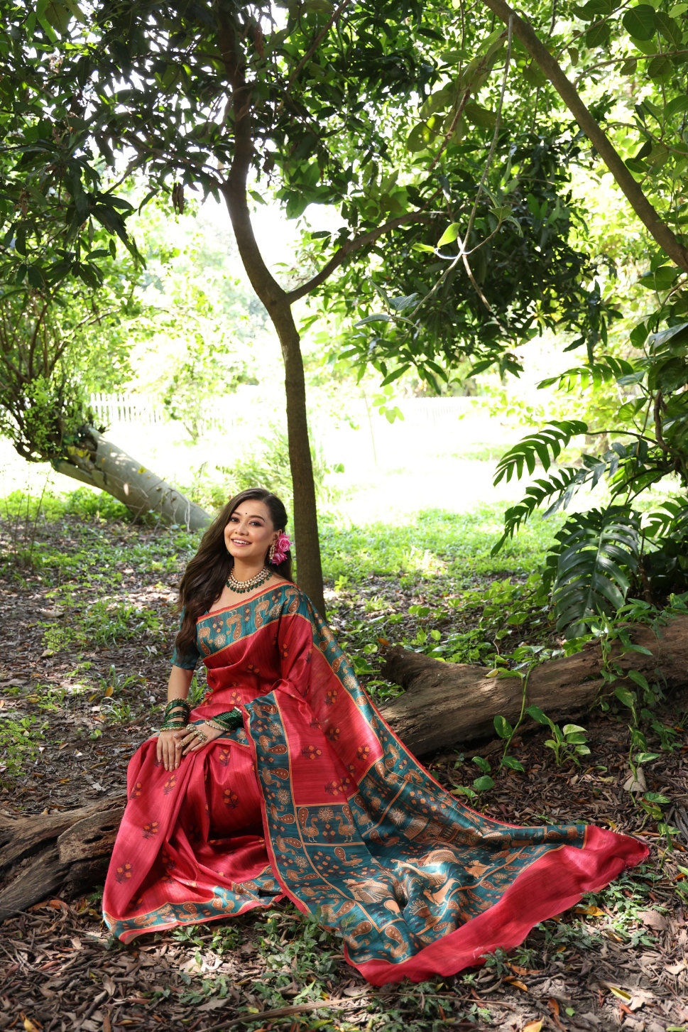 Maroon Peacock Printed Tussar Silk Saree — alternate view