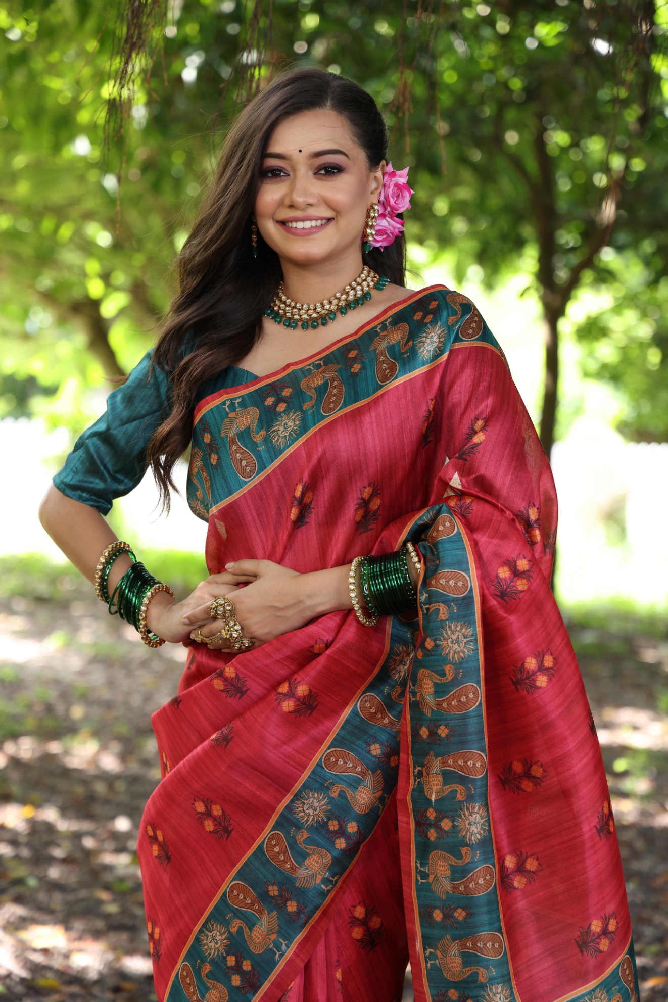 Maroon Peacock Printed Tussar Silk Saree