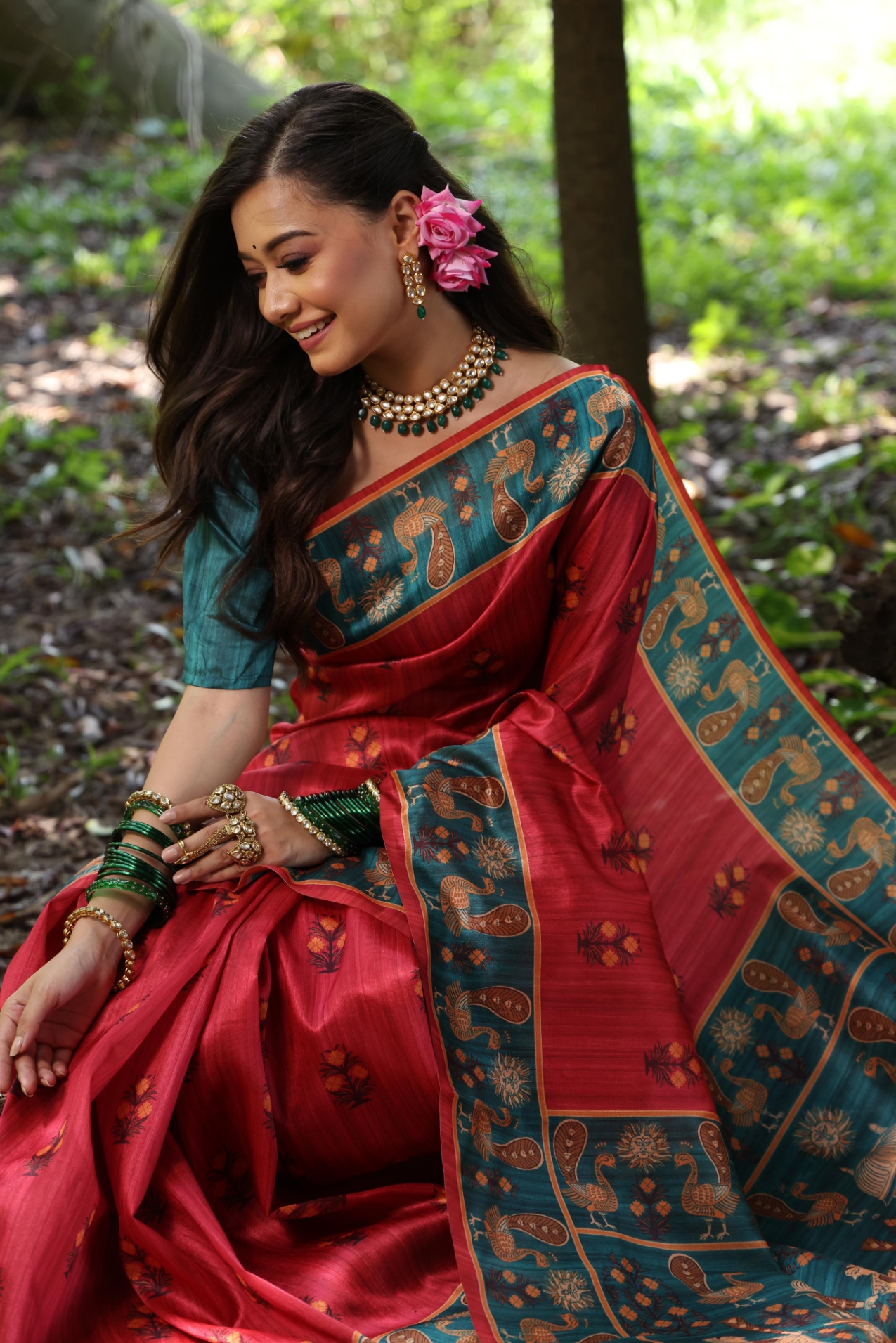 Maroon Peacock Printed Tussar Silk Saree