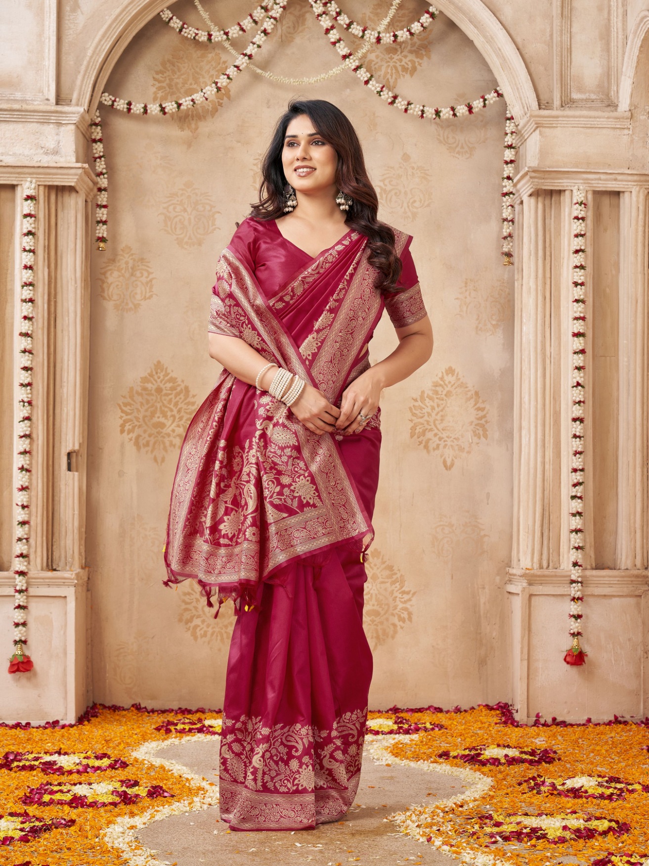 Maroon Peacock Woven Handloom Raw Silk Saree