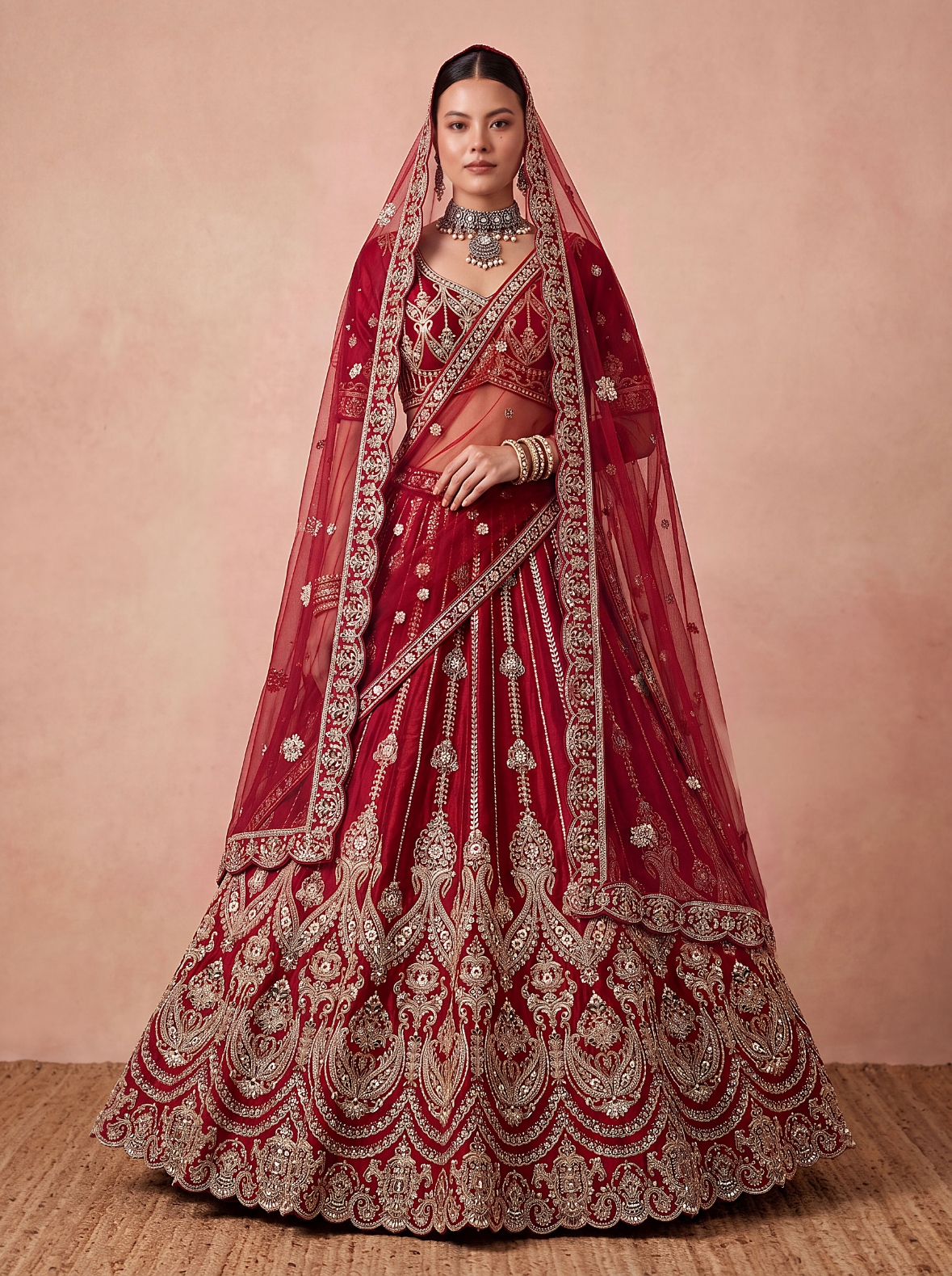 Maroon Peacock Zari Sequins Silk Bridal Lehenga Choli