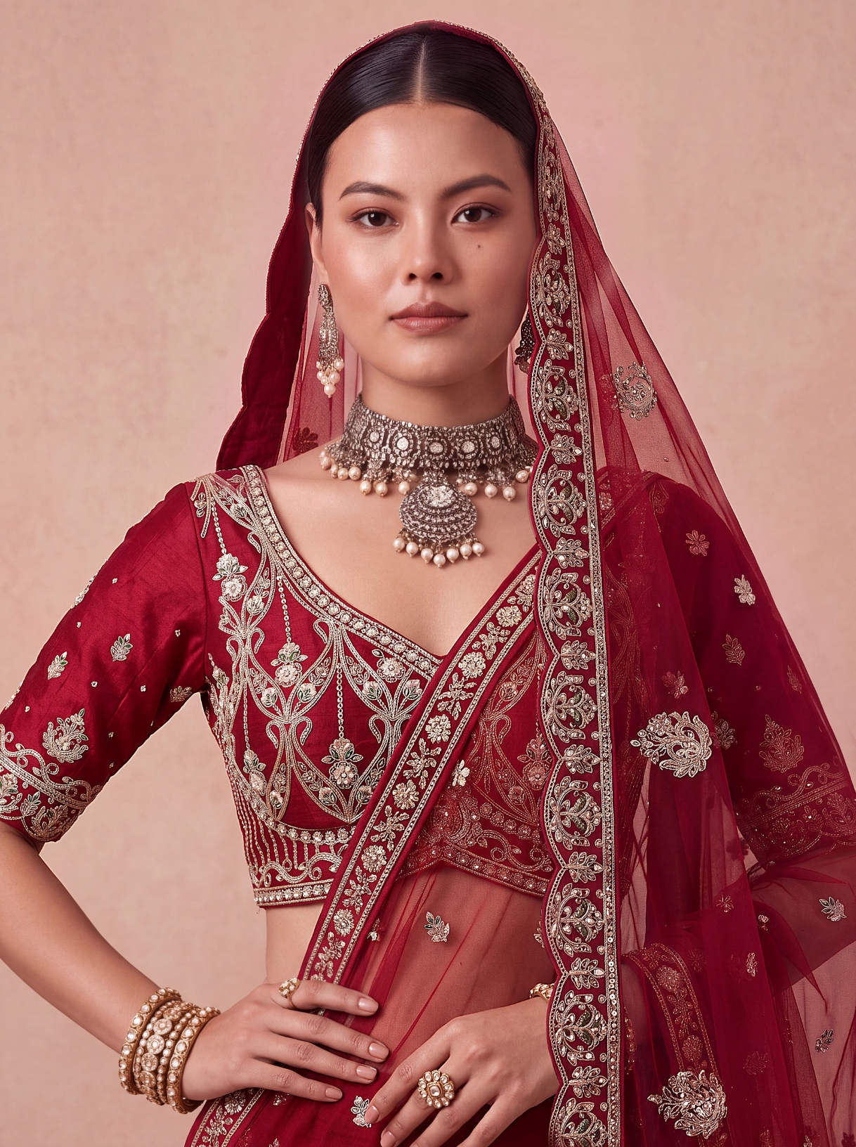 Maroon Peacock Zari Sequins Silk Bridal Lehenga Choli