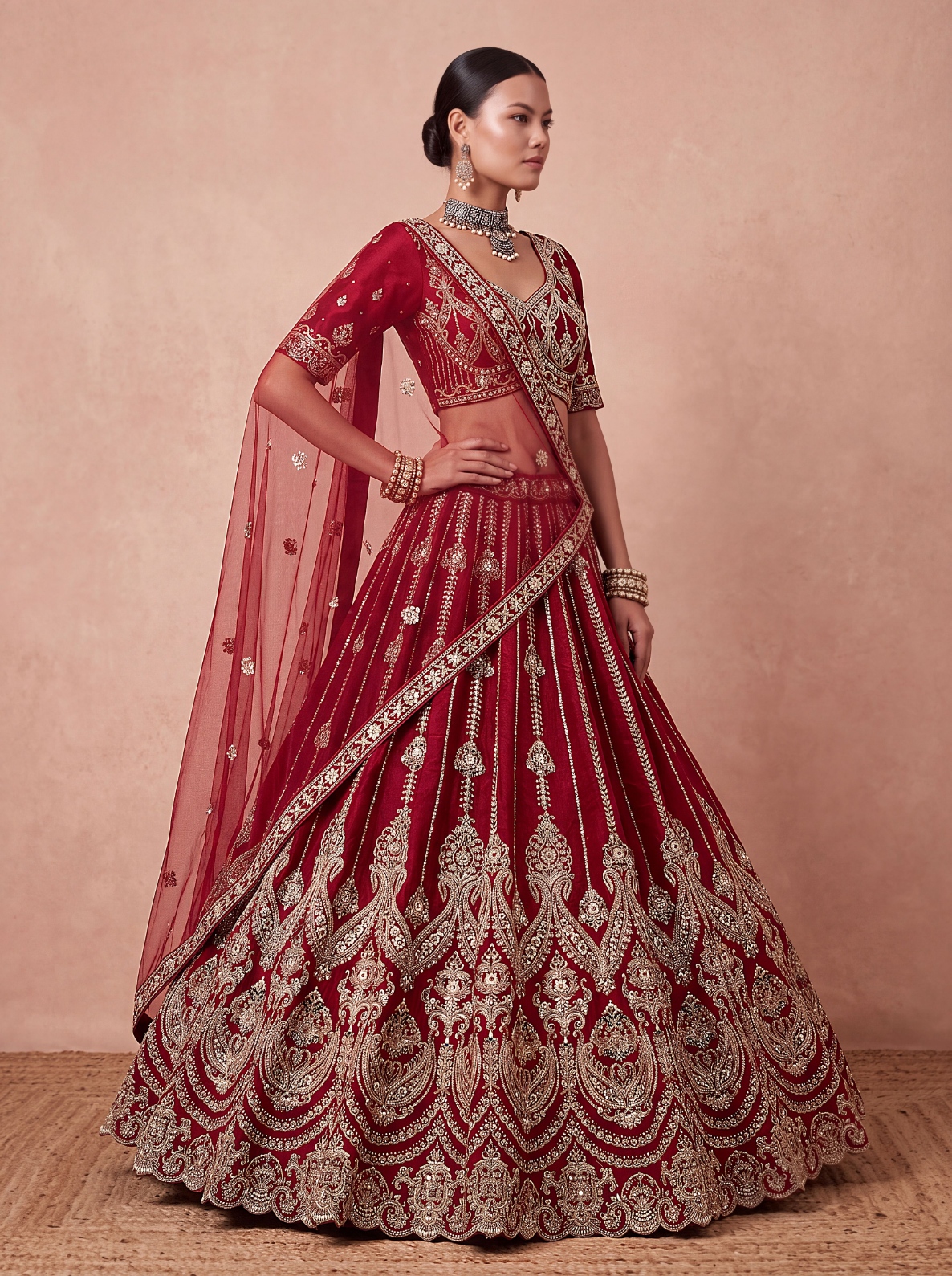 Maroon Peacock Zari Sequins Silk Bridal Lehenga Choli
