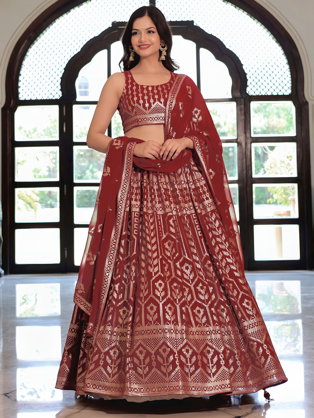 Maroon Pearl Work Georgette Lehenga Choli