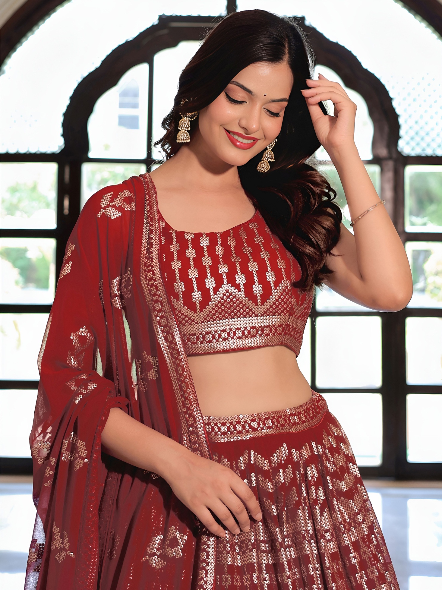 Maroon Pearl Work Georgette Lehenga Choli