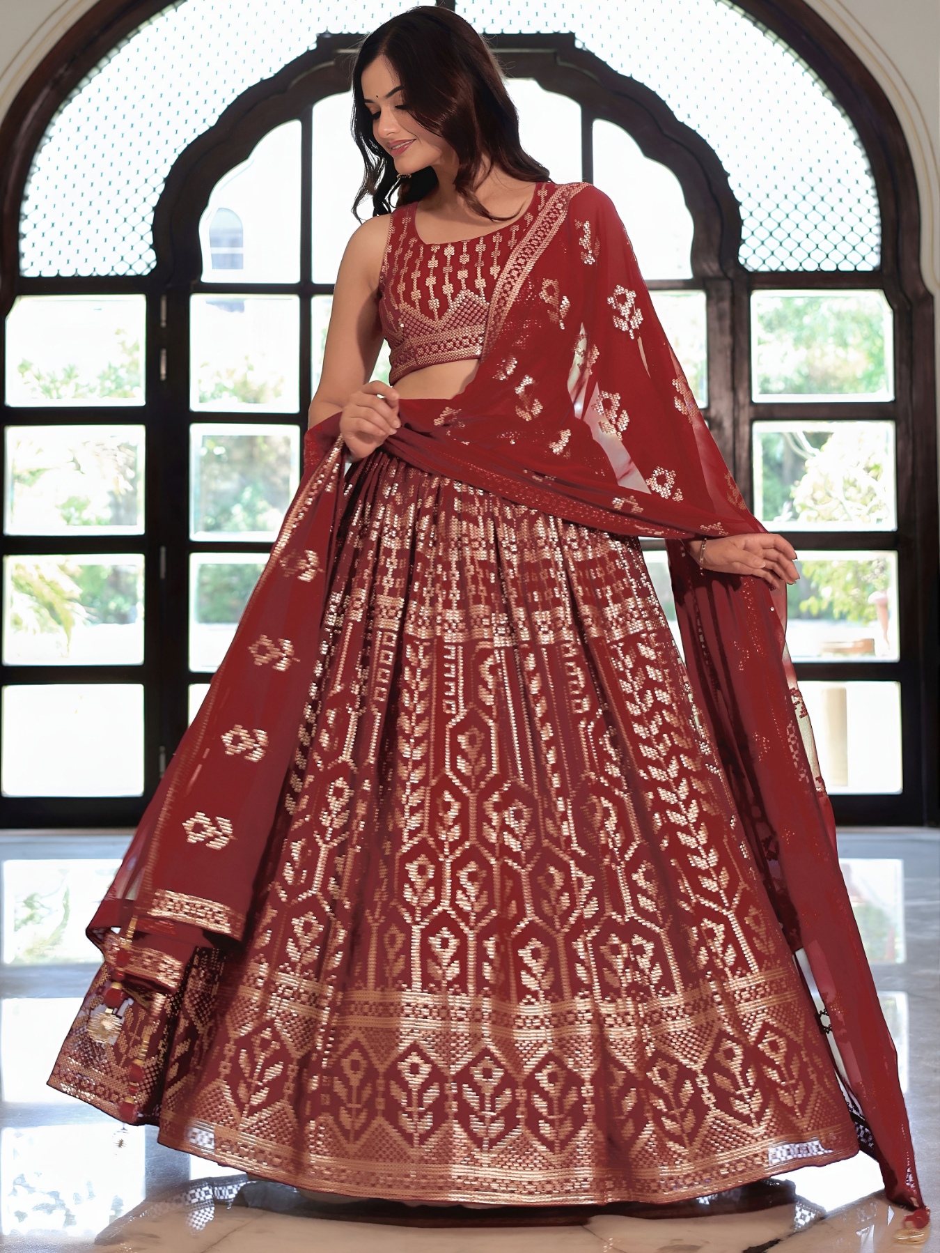 Maroon Pearl Work Georgette Lehenga Choli