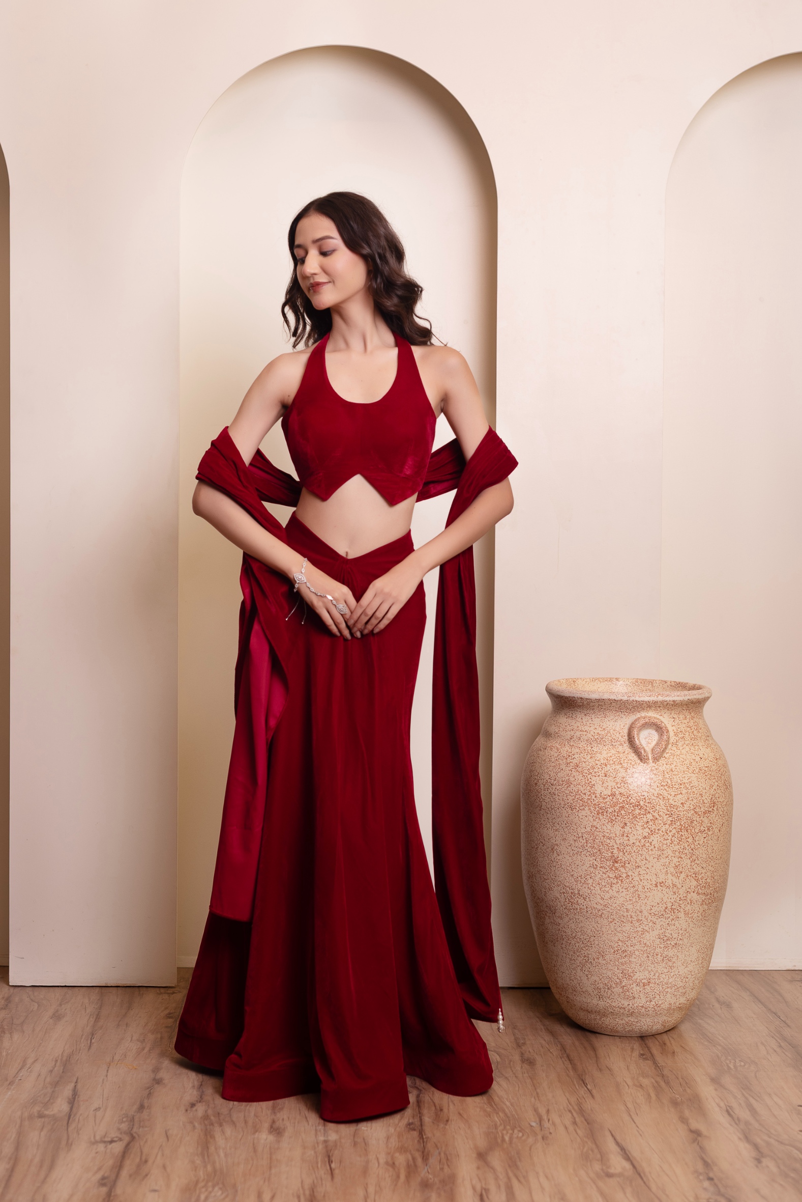 Maroon Plain Velvet Lehenga Choli