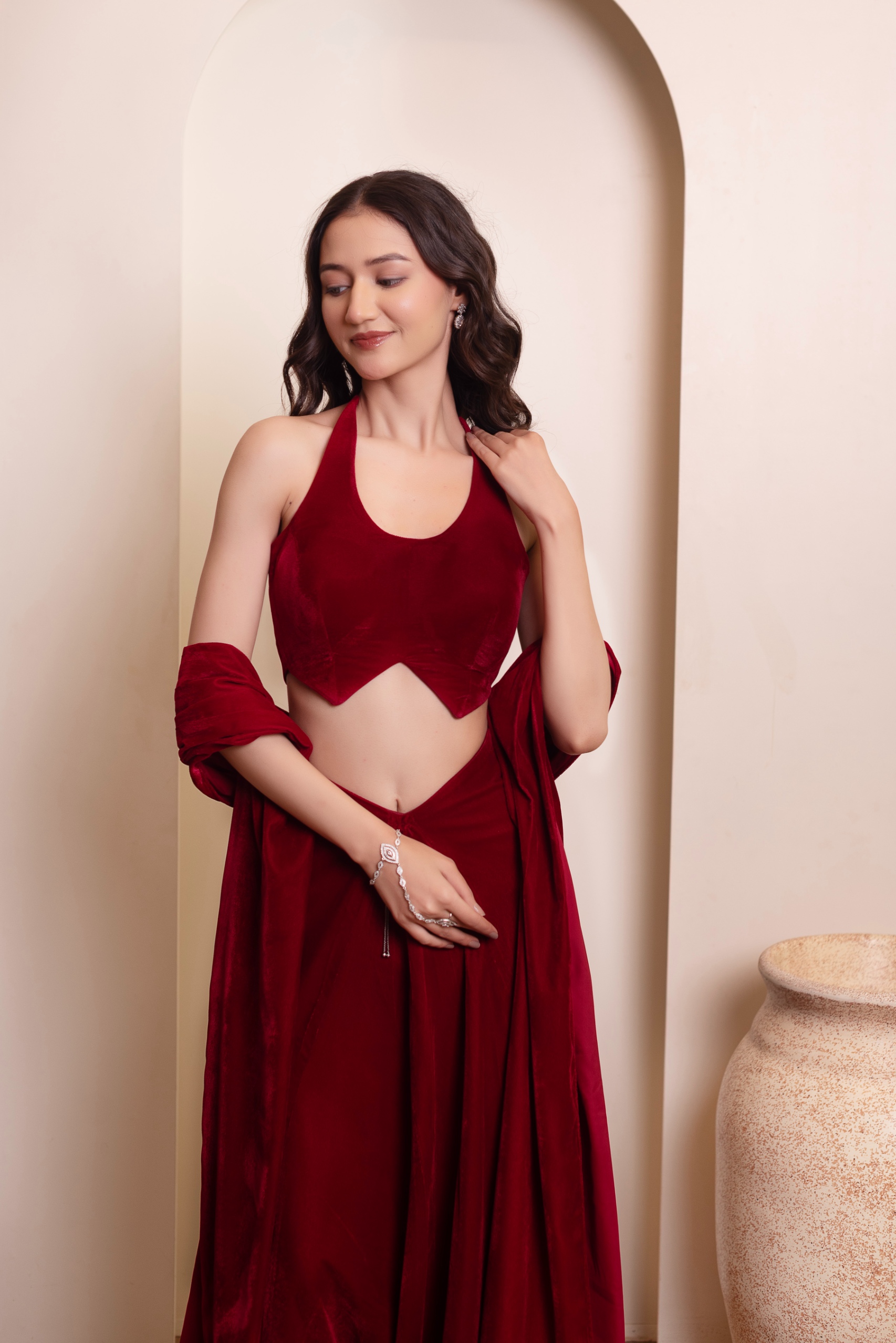 Maroon Plain Velvet Lehenga Choli