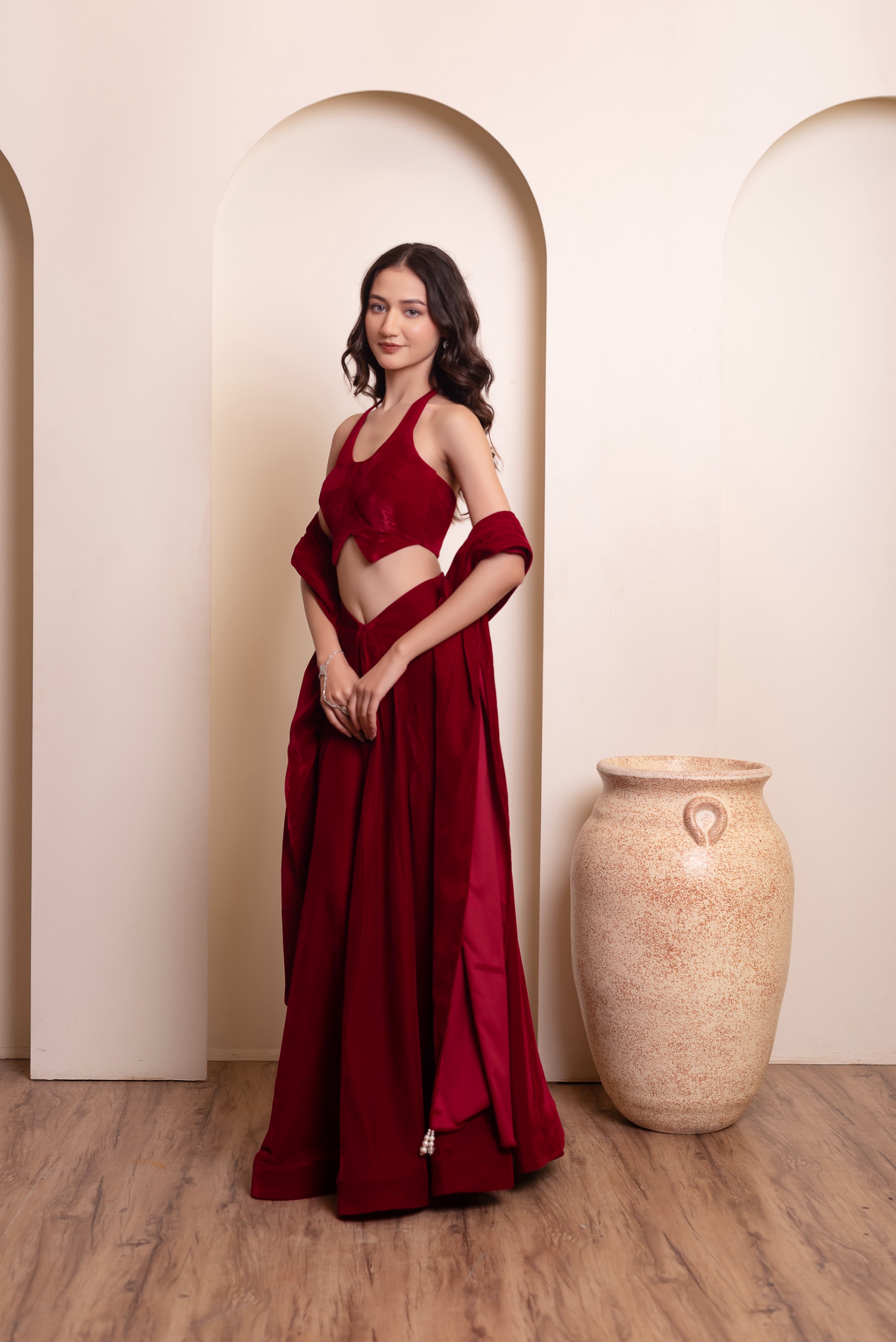 Maroon Plain Velvet Lehenga Choli