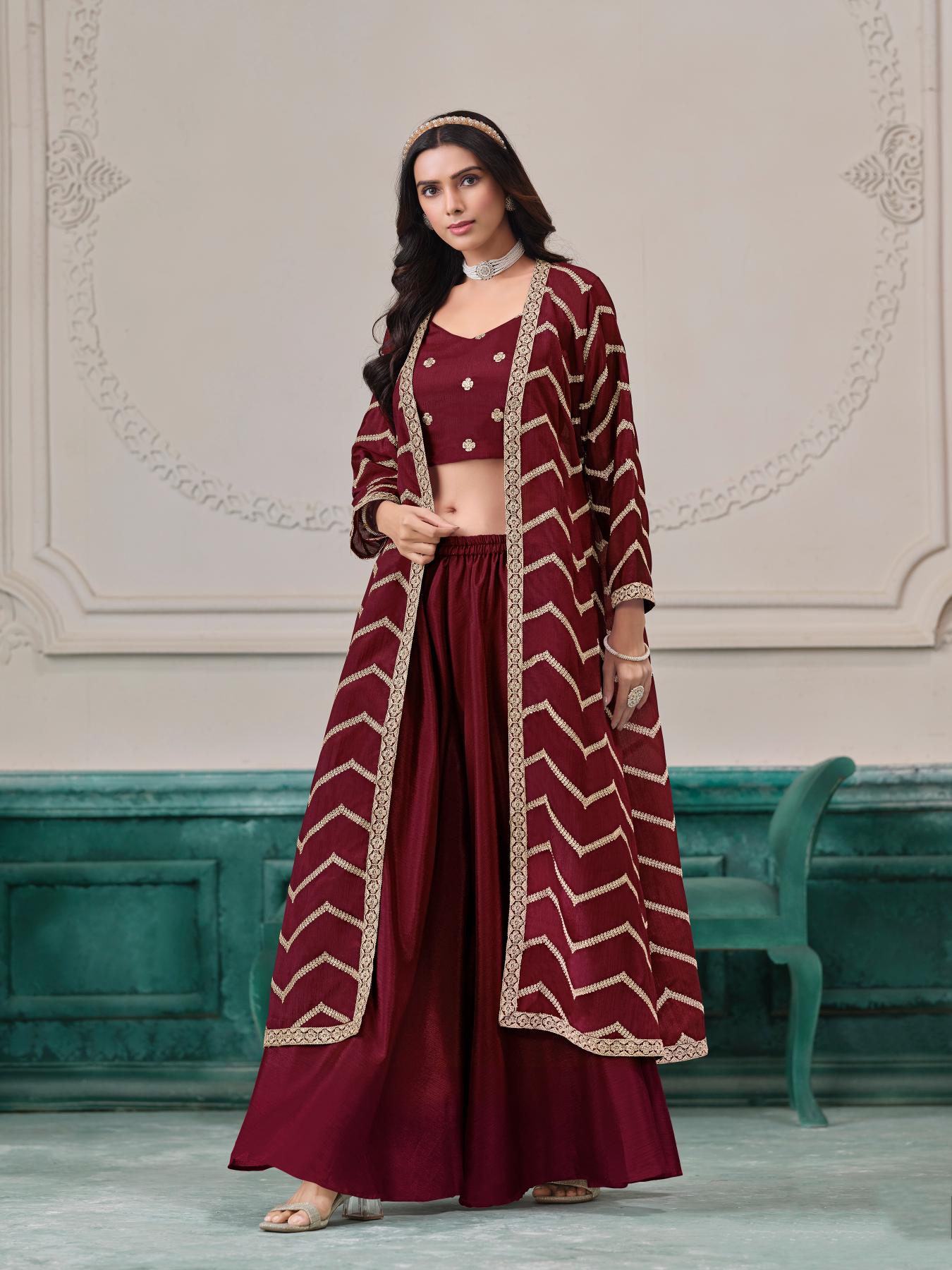 Maroon Plazzo Shurg Suits