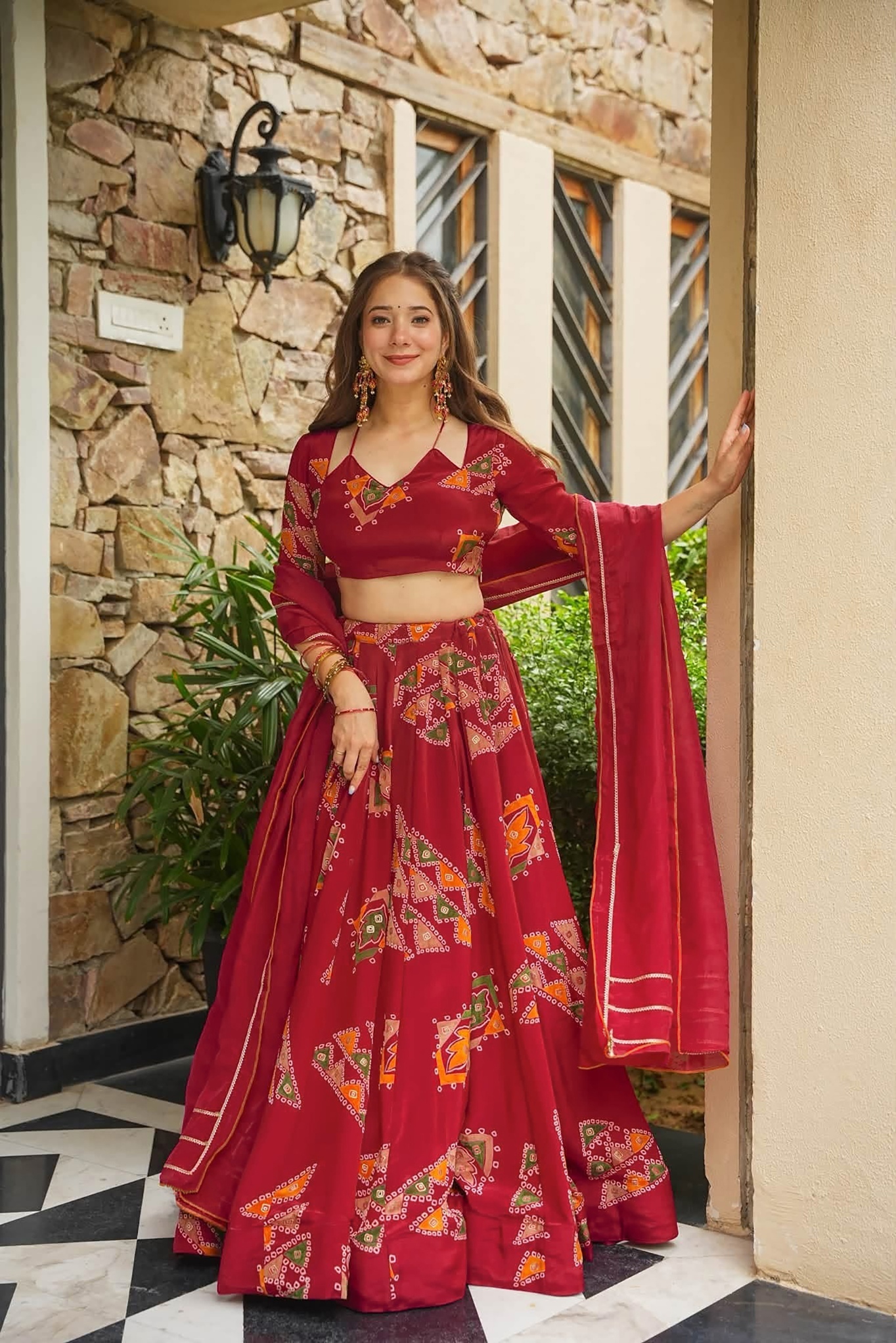 Maroon Printed Designer French Crepe Crop Top Lehenga
