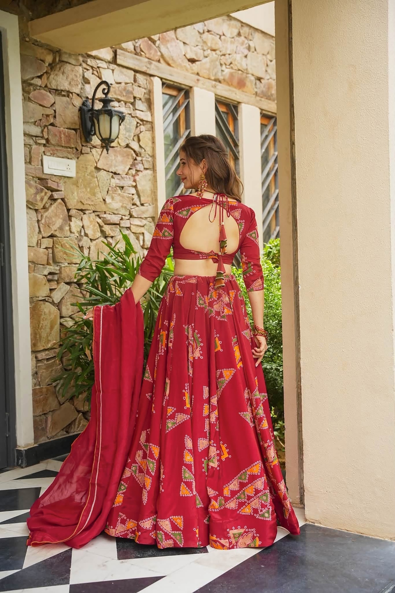 Maroon Printed Designer French Crepe Crop Top Lehenga — alternate view