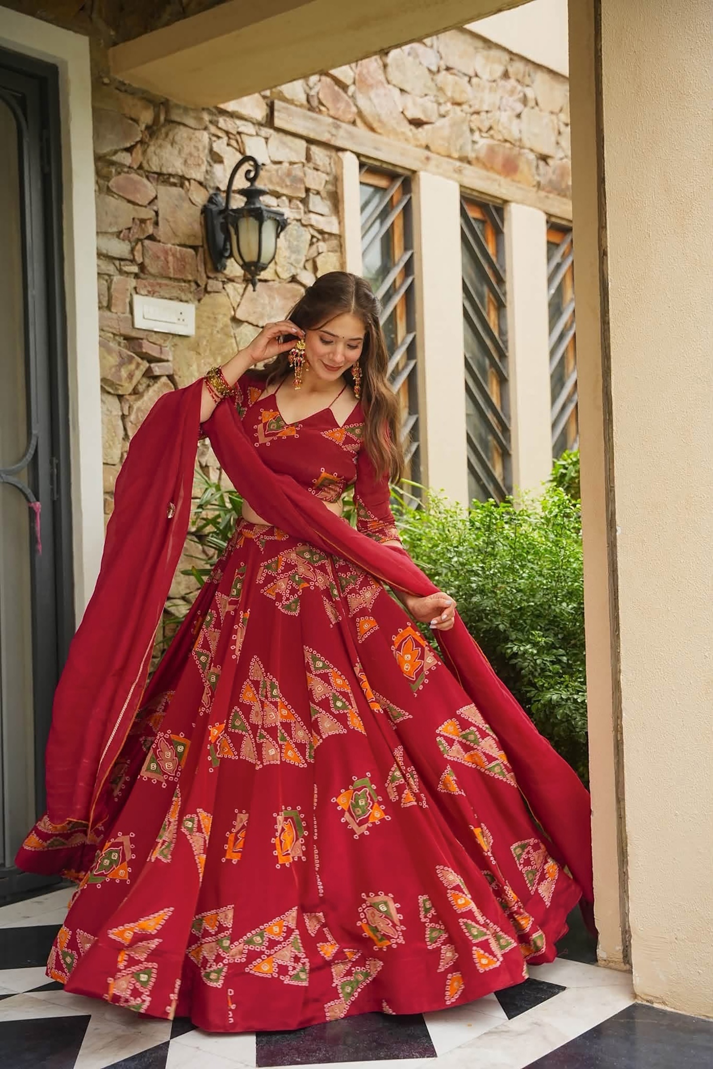 Maroon Printed Designer French Crepe Crop Top Lehenga