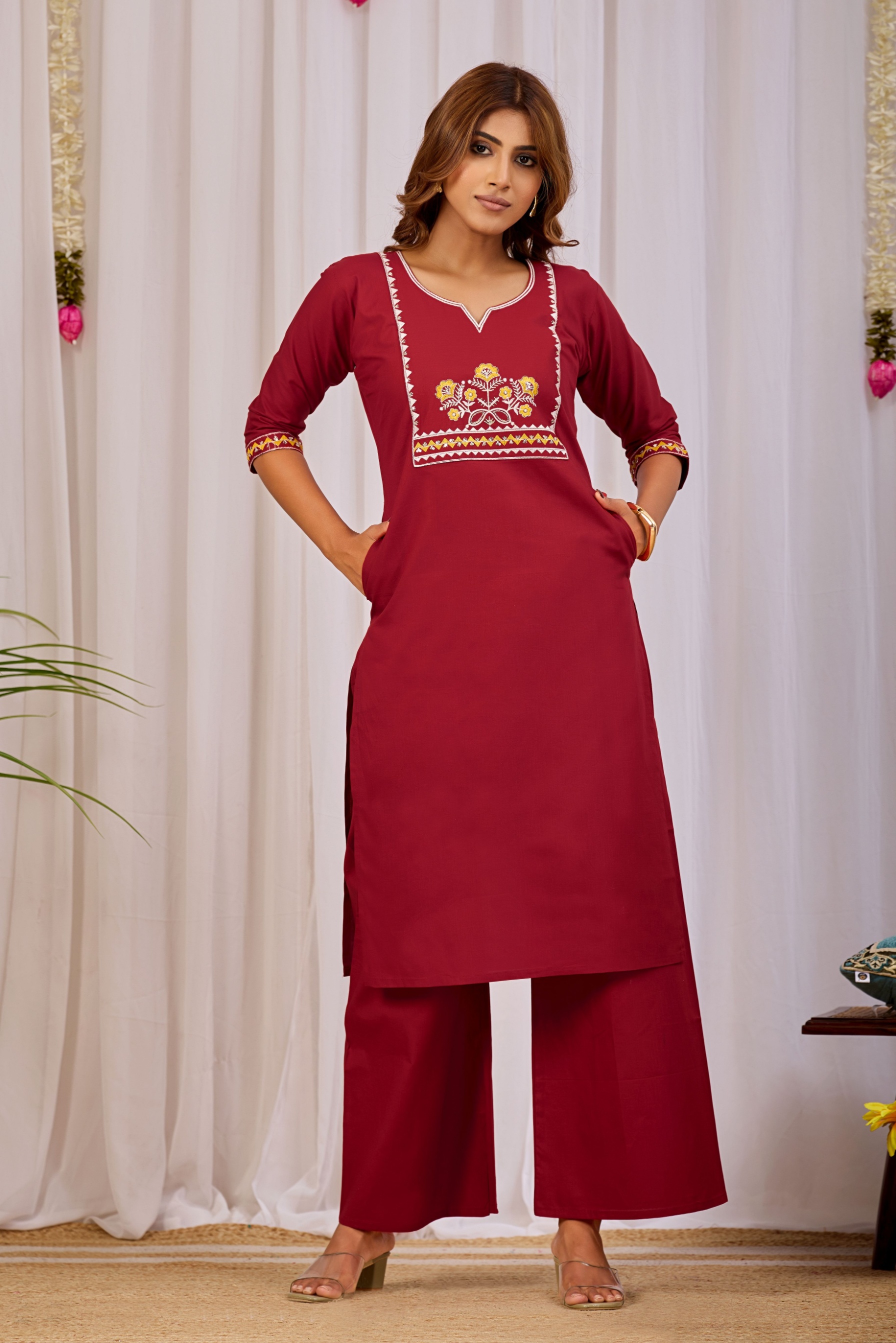 Maroon Printed Dhabu Cotton Kurta Set