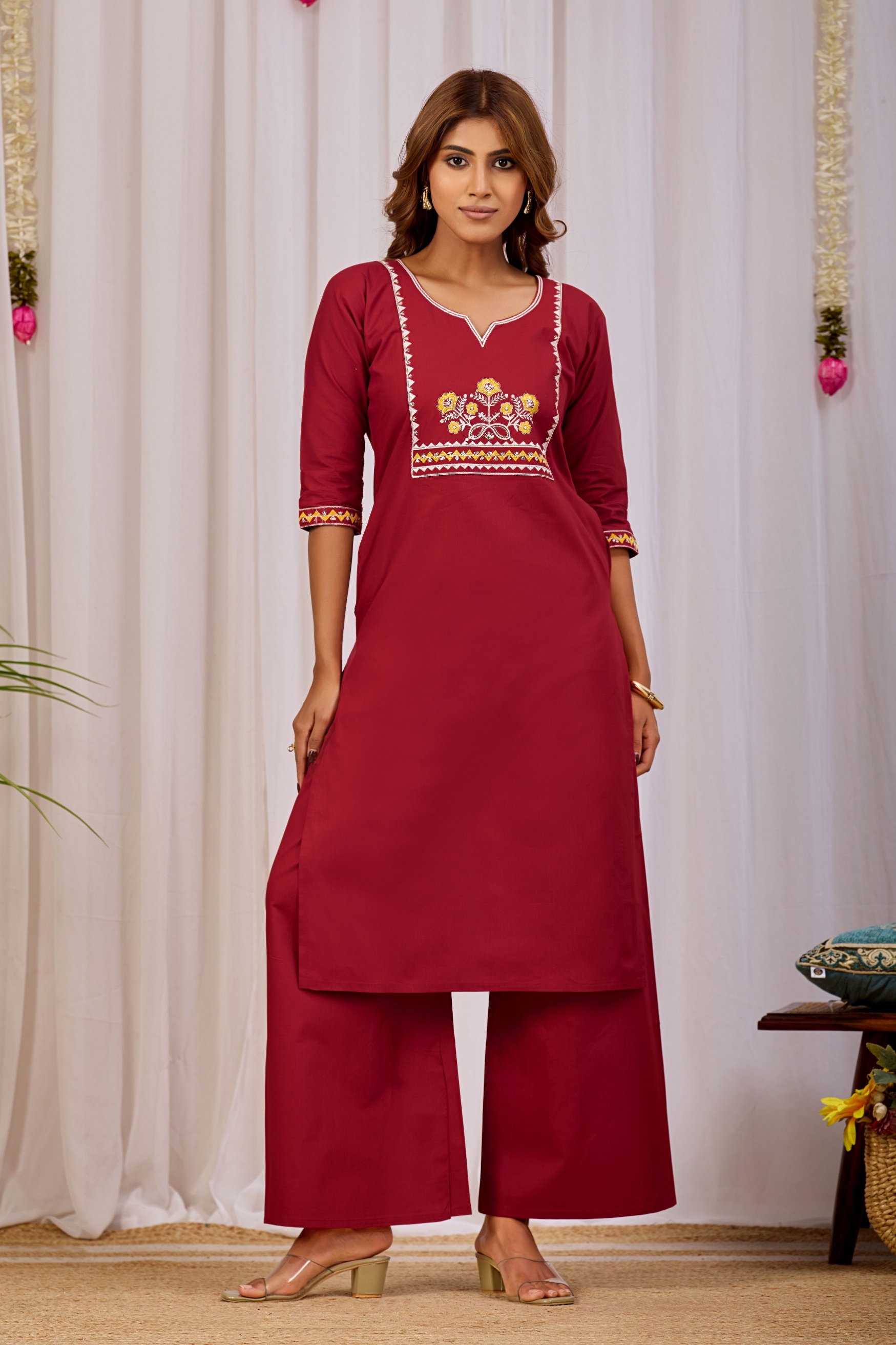 Maroon Printed Dhabu Cotton Kurta Set