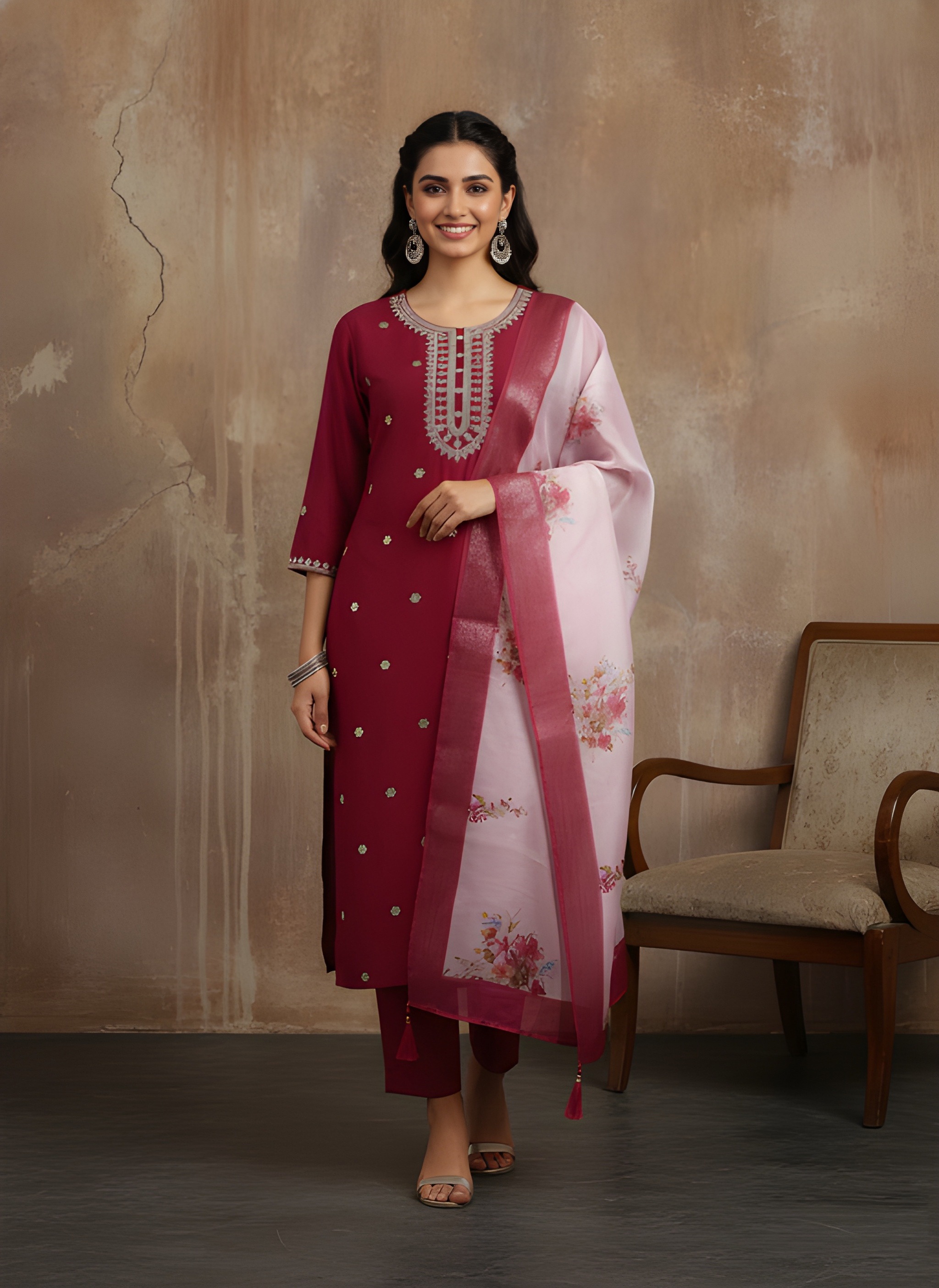Maroon Printed Organza Salwar Suit