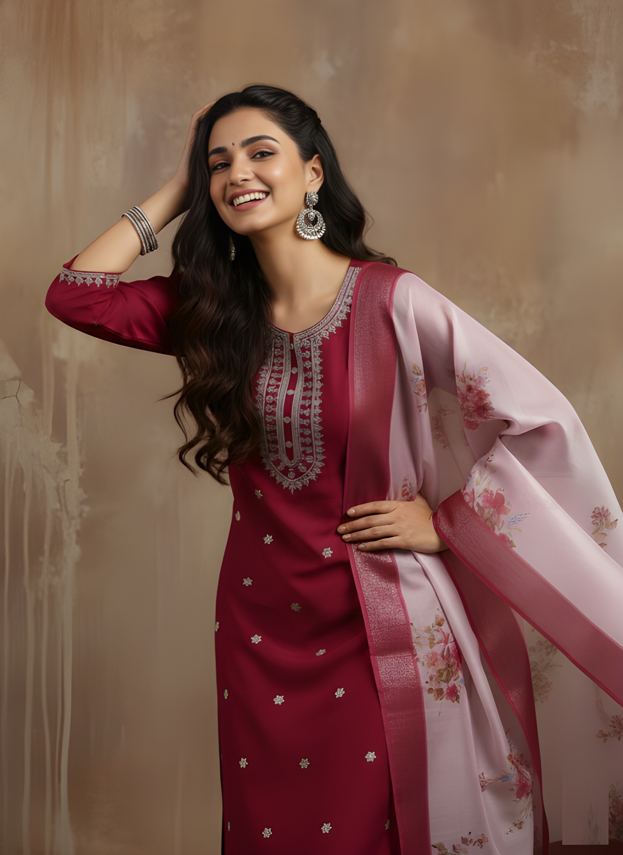 Maroon Printed Organza Salwar Suit