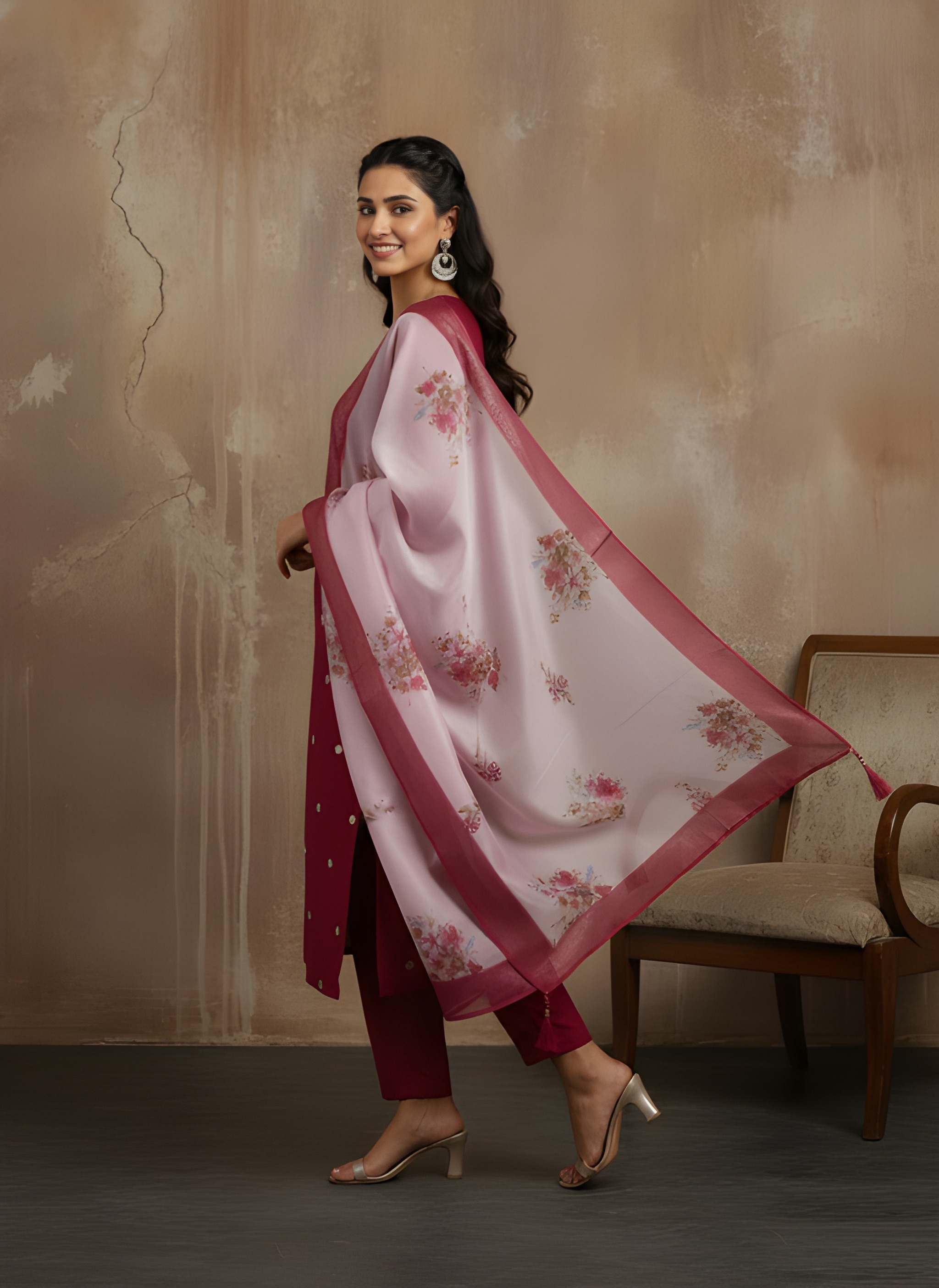 Maroon Printed Organza Salwar Suit
